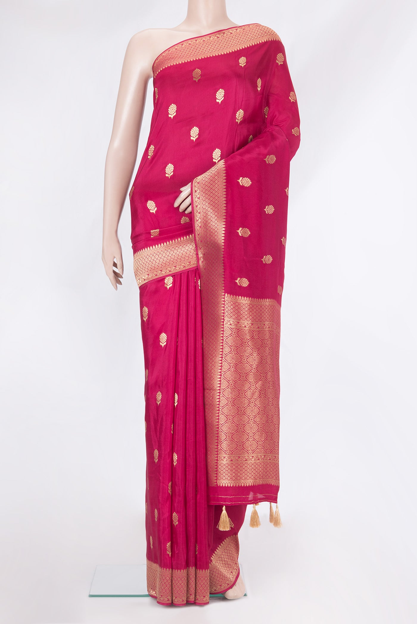Dark Pink Blended Banarasi Silk Saree with Zari Butta on the body and Zari Border.  displayed on a mannequin