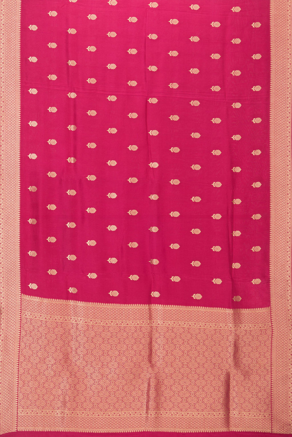 Flat view of Dark Pink Blended Banarasi Silk Saree with Zari Butta on the body and Zari Border. 