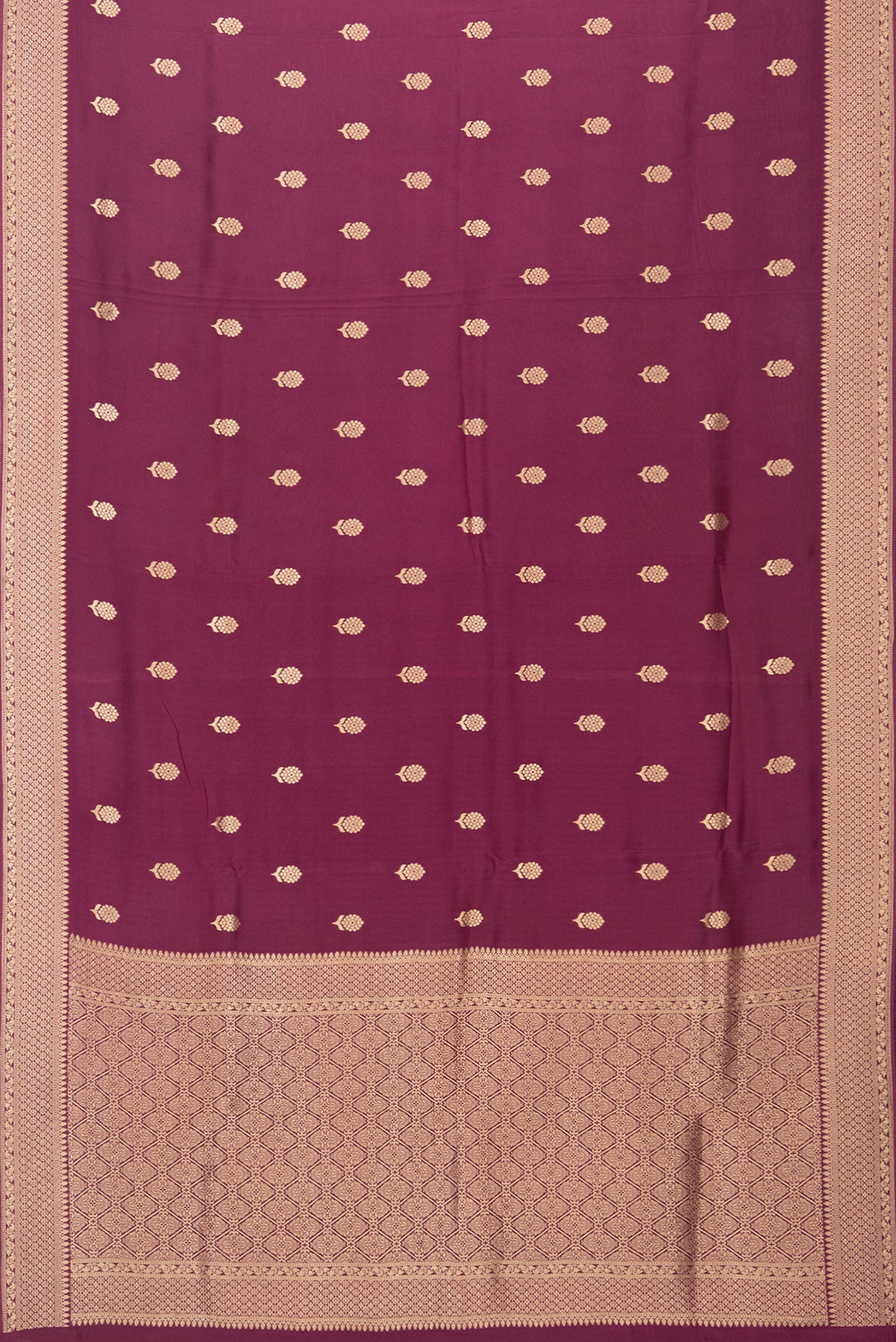 Flat view of Magenta Blended Banarasi Silk Saree with Zari Butta on the body and Fancy Border. 