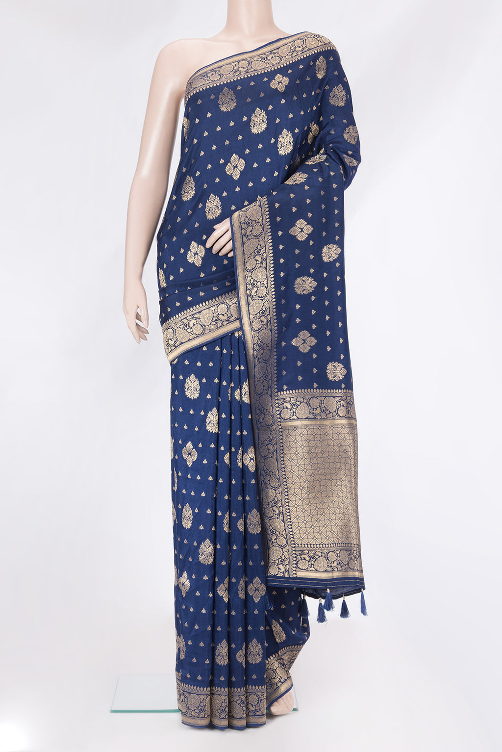 Navy Blue Blended Banarasi Silk Saree with Zari Brocade on the body and Zari Border.  displayed on a mannequin