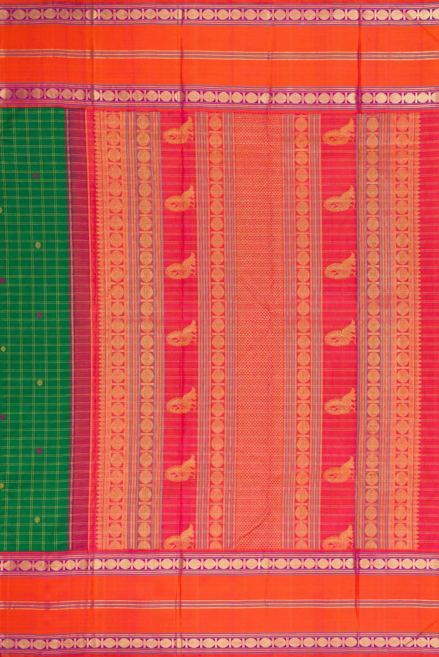 Close up image of the pallu of Pure Silk Pure Zari Green Dual Tone Kanjivaram Saree with Checked design on the body and Zari And Thread Border. 