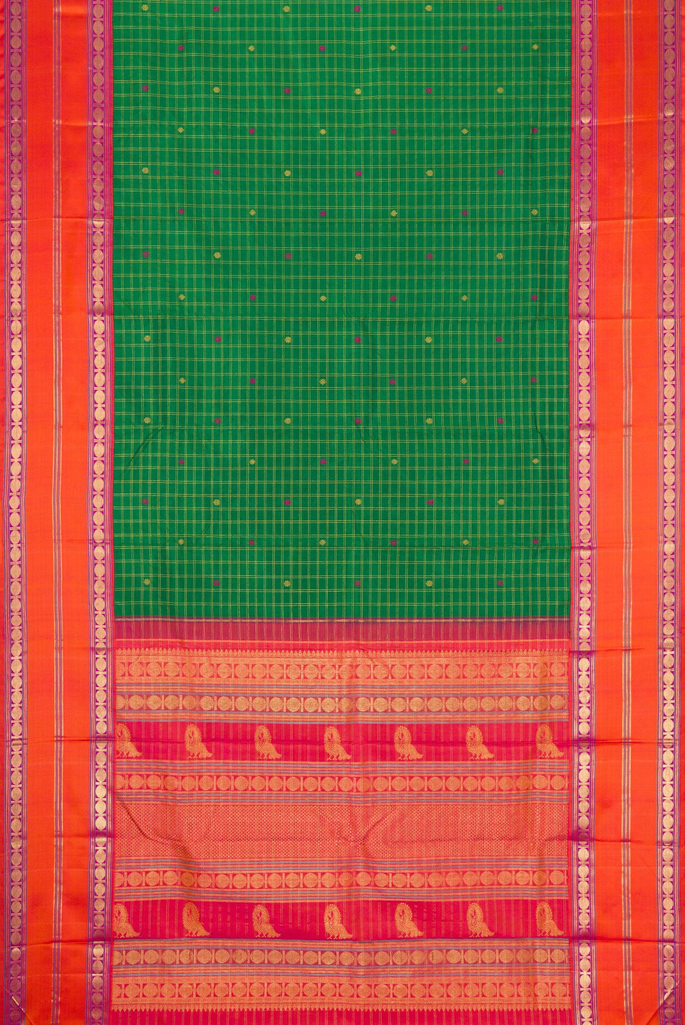 Flat view of Pure Silk Pure Zari Green Dual Tone Kanjivaram Saree with Checked design on the body and Zari And Thread Border. 