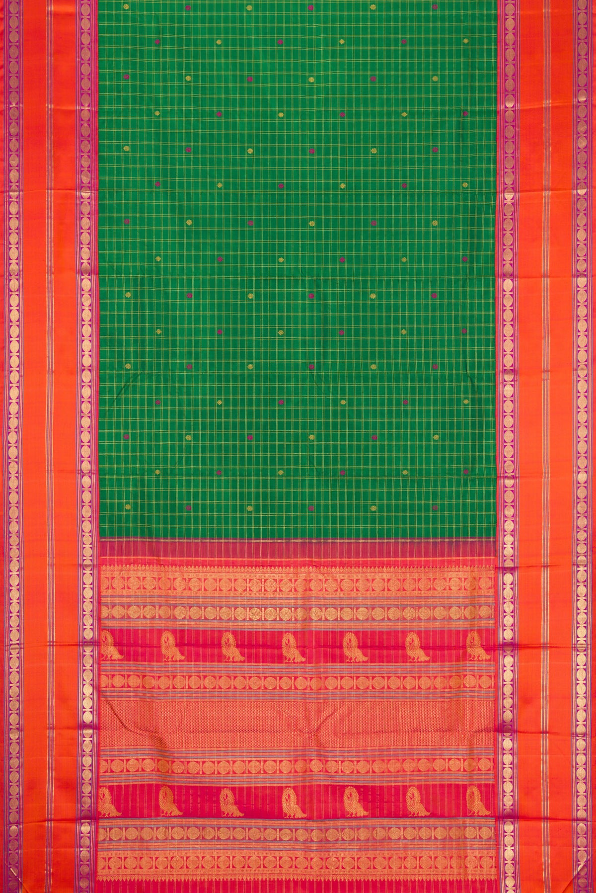 Flat view of Pure Silk Pure Zari Green Dual Tone Kanjivaram Saree with Checked design on the body and Zari And Thread Border. 