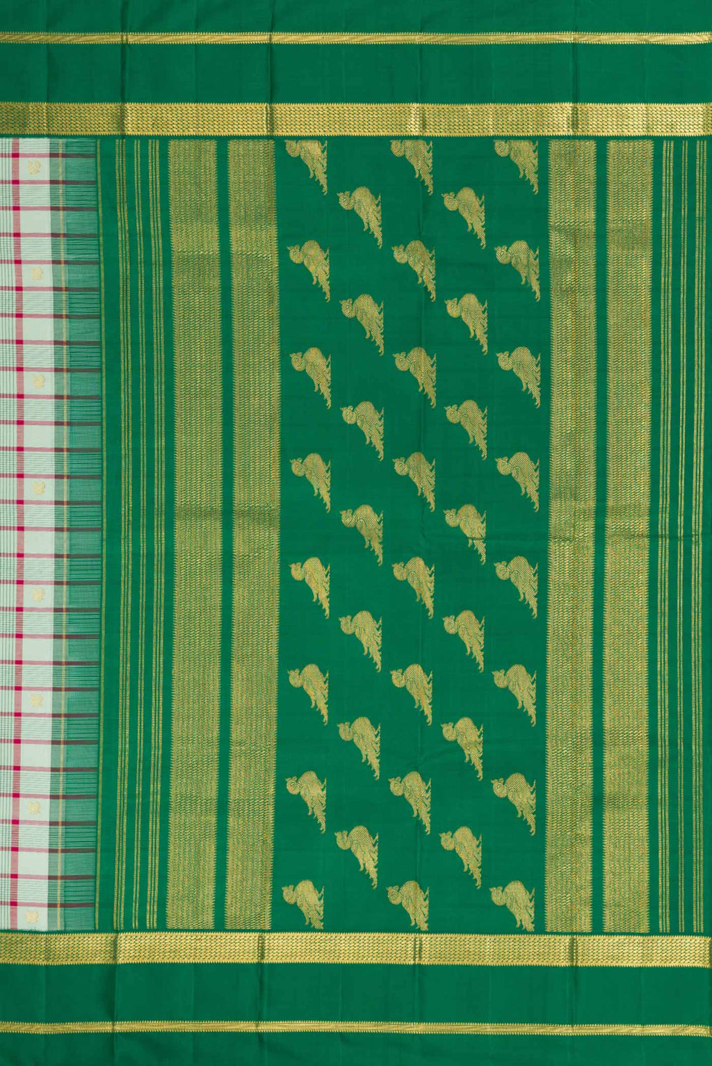 Close up image of the pallu of Pure Silk Pure Zari Light Green Dual Tone Kanjivaram Saree with Checked design on the body and Zari Border. 