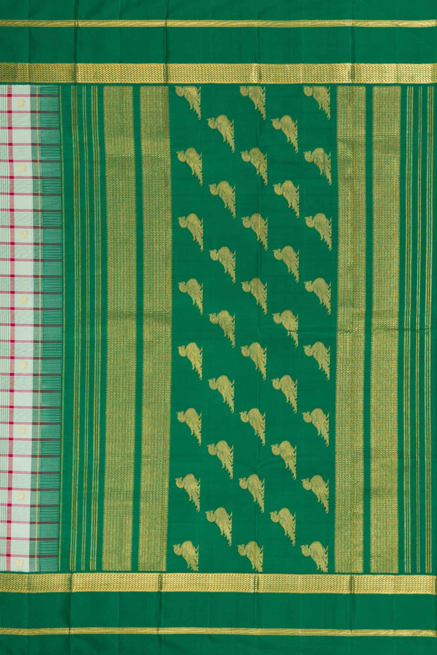 Close up image of the pallu of Pure Silk Pure Zari Light Green Dual Tone Kanjivaram Saree with Checked design on the body and Zari Border. 