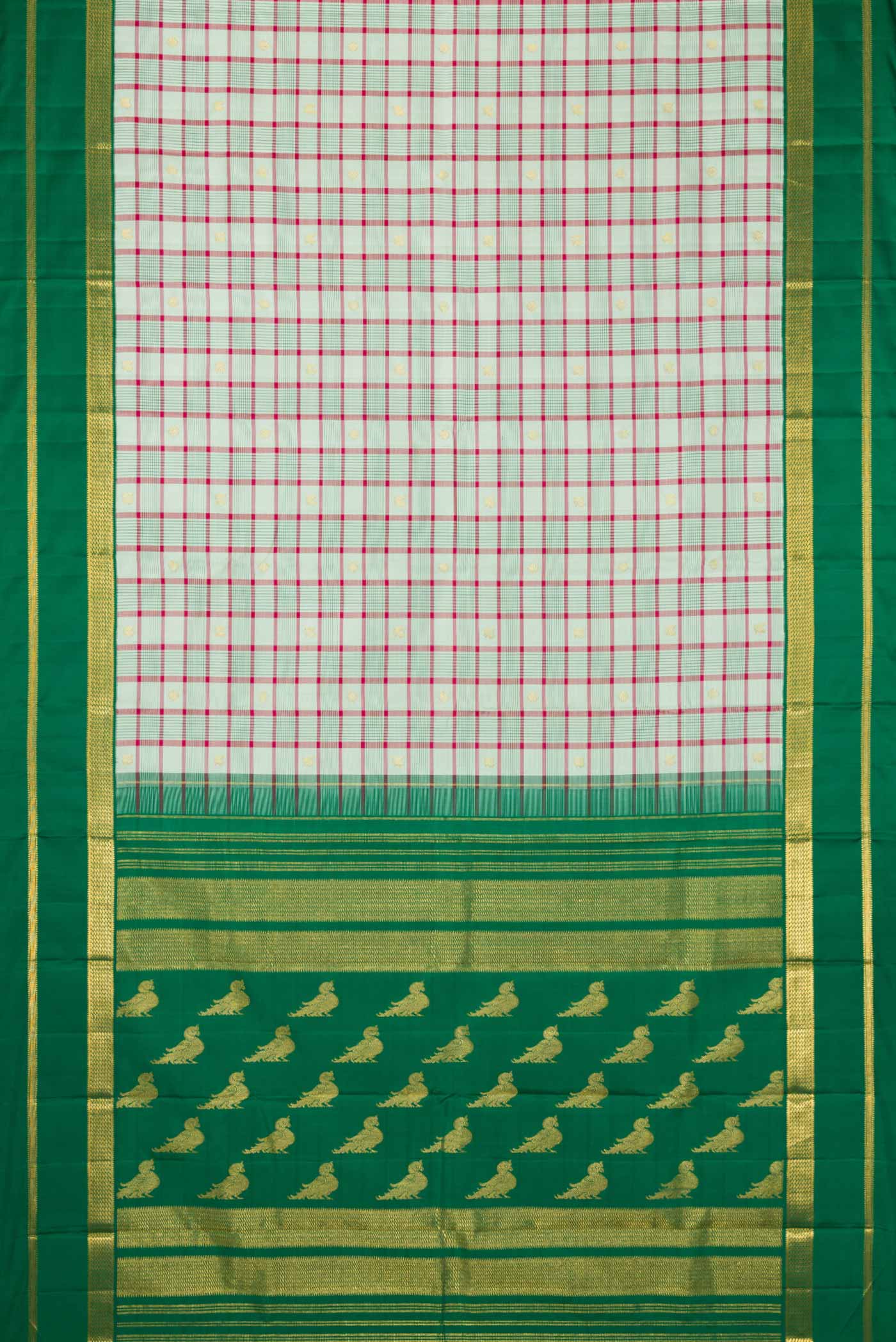 Flat view of Pure Silk Pure Zari Light Green Dual Tone Kanjivaram Saree with Checked design on the body and Zari Border. 