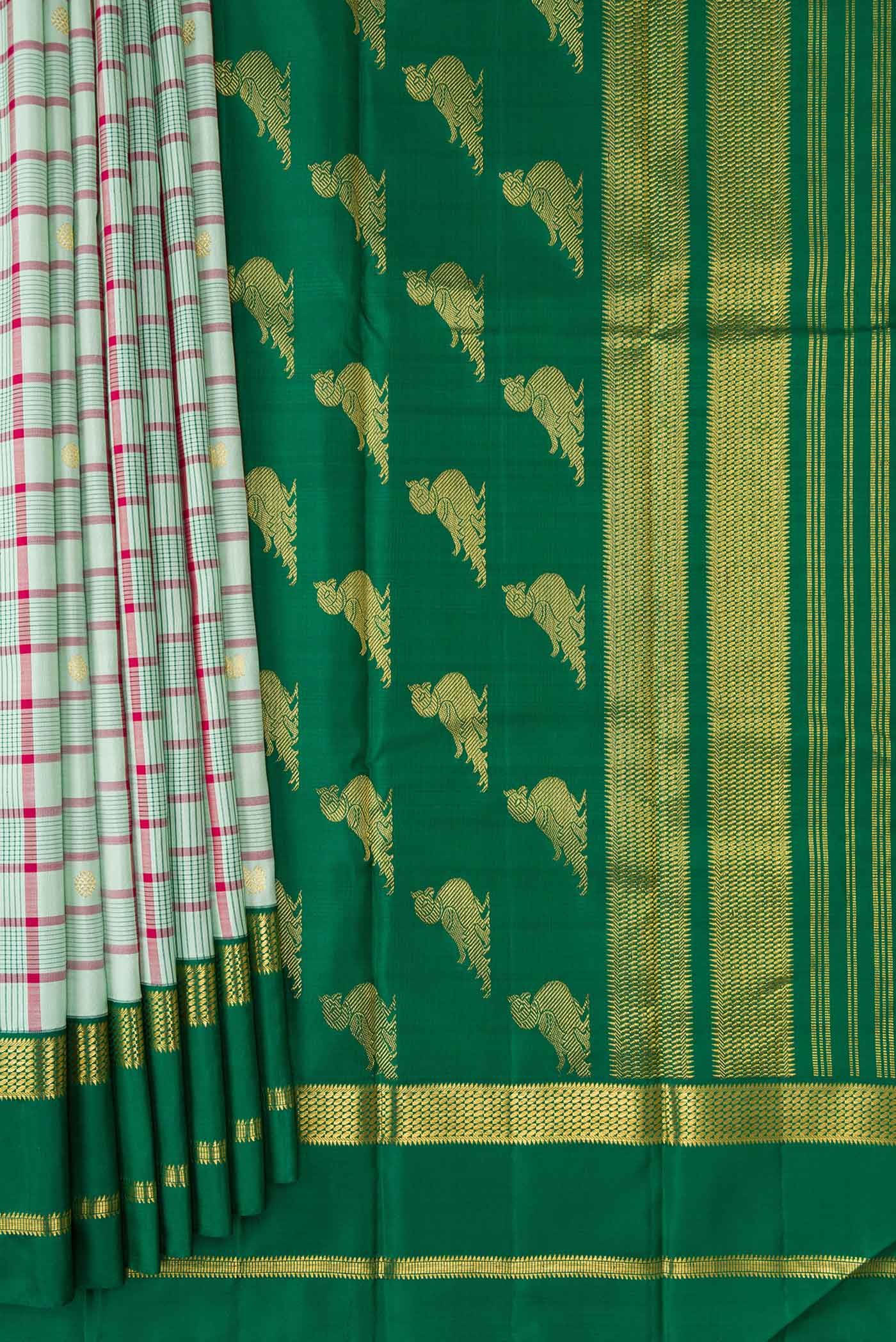 Pleats and pallu of Pure Silk Pure Zari Light Green Dual Tone Kanjivaram Saree with Checked design on the body and Zari Border. 