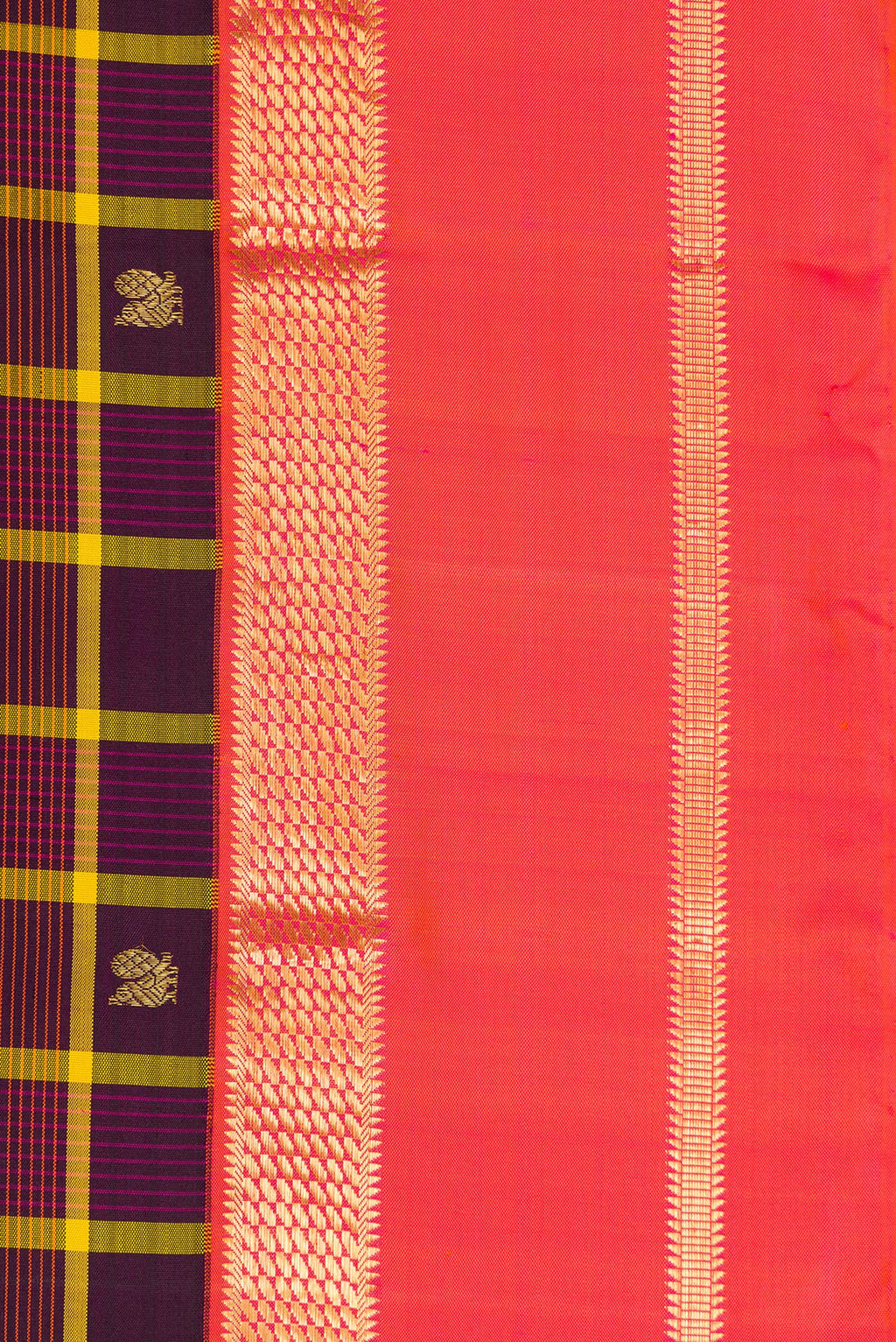 Border image of Pure Silk Pure Zari Burgundy Dual Tone Kanjivaram Saree with Checked design on the body and Zari Border. 