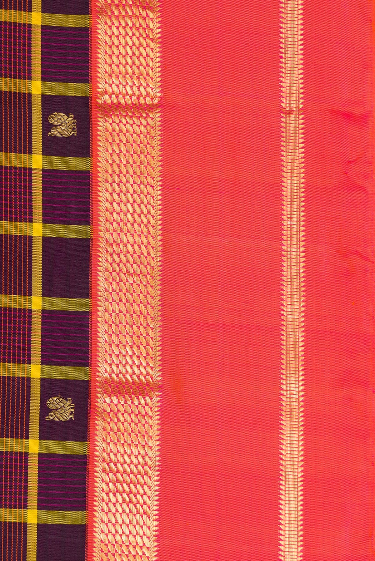Border image of Pure Silk Pure Zari Burgundy Dual Tone Kanjivaram Saree with Checked design on the body and Zari Border. 