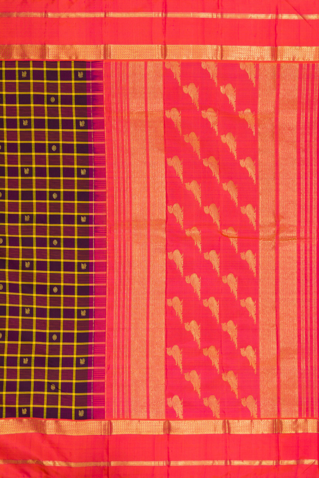 Close up image of the pallu of Pure Silk Pure Zari Burgundy Dual Tone Kanjivaram Saree with Checked design on the body and Zari Border. 