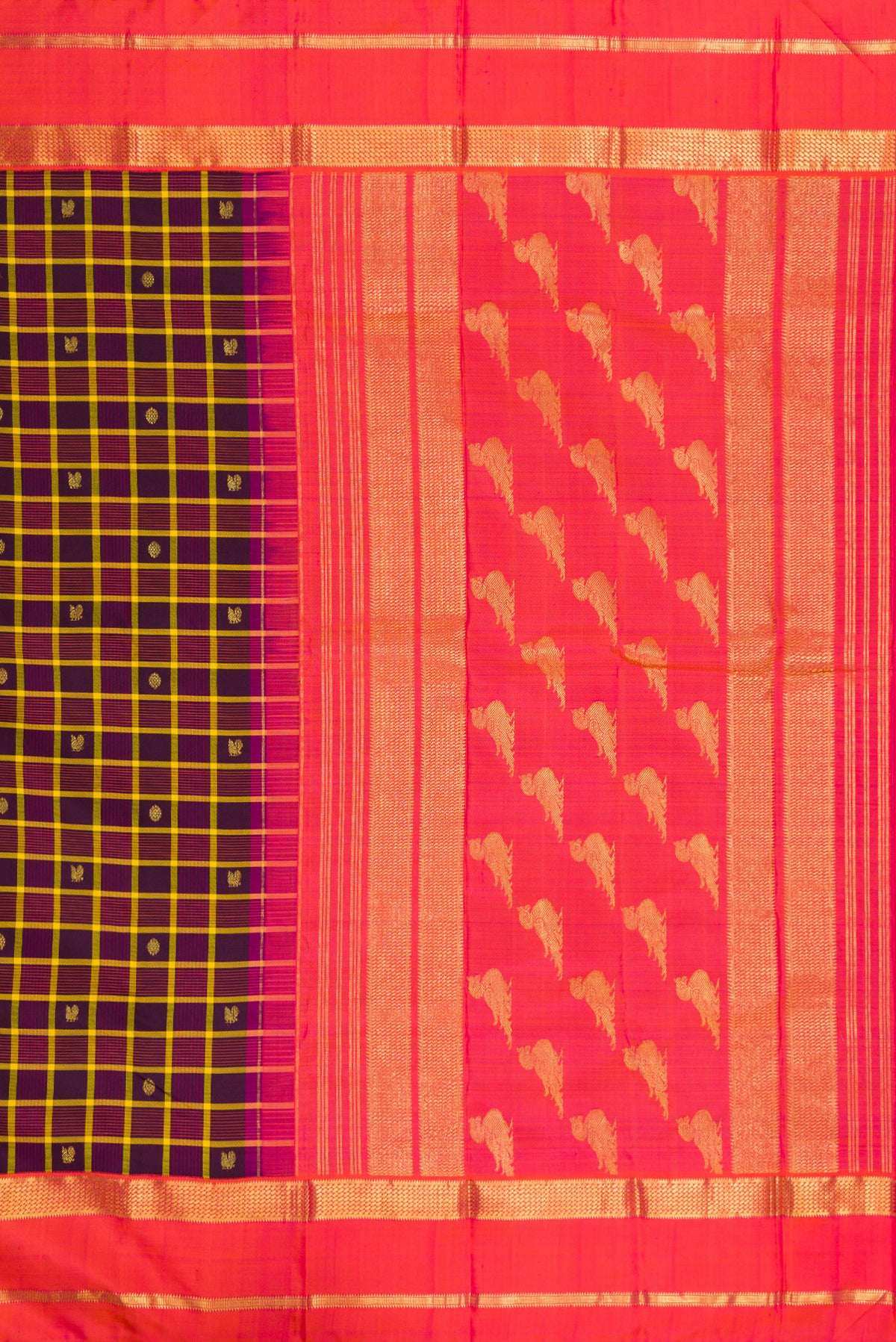 Close up image of the pallu of Pure Silk Pure Zari Burgundy Dual Tone Kanjivaram Saree with Checked design on the body and Zari Border. 