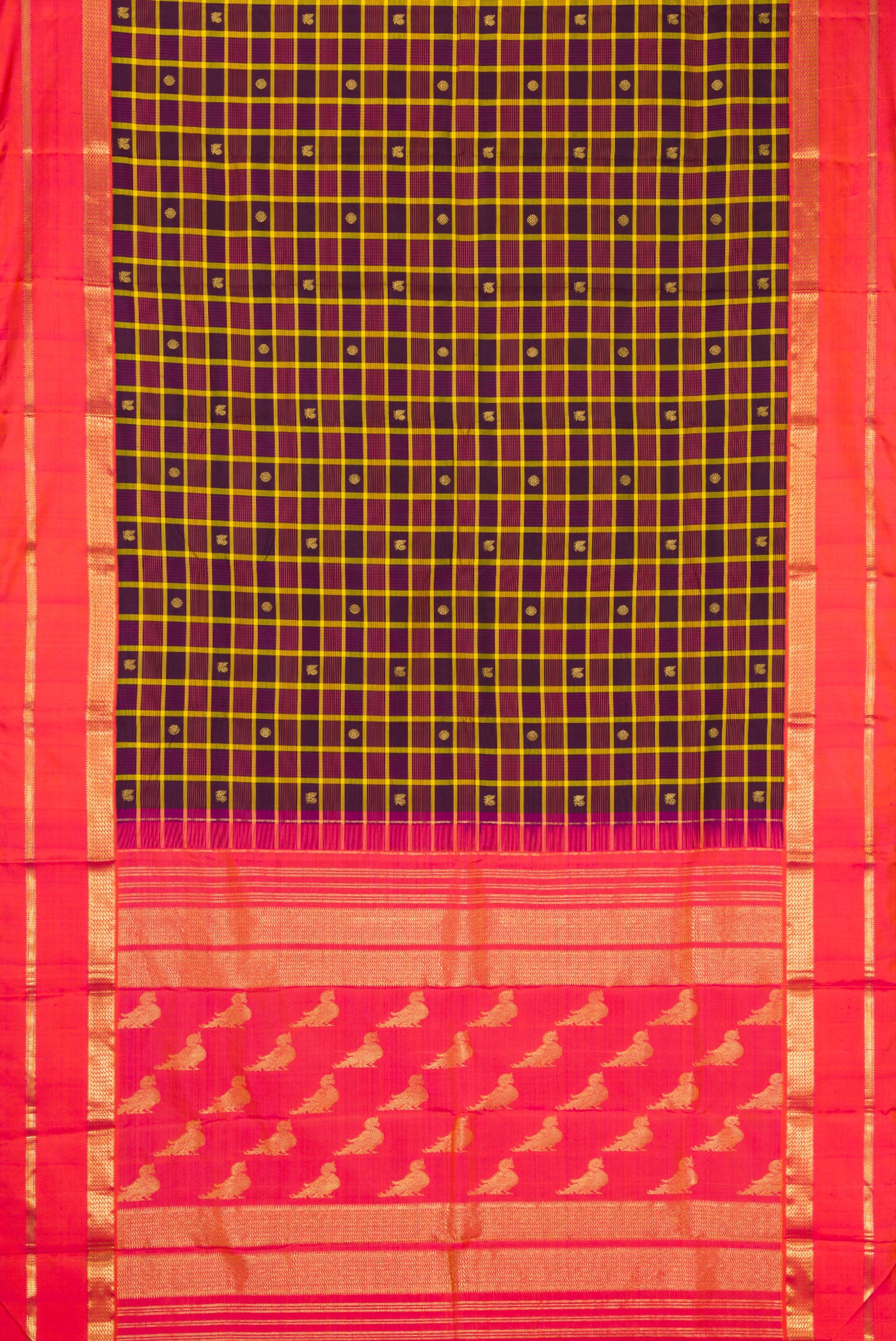 Flat view of Pure Silk Pure Zari Burgundy Dual Tone Kanjivaram Saree with Checked design on the body and Zari Border. 