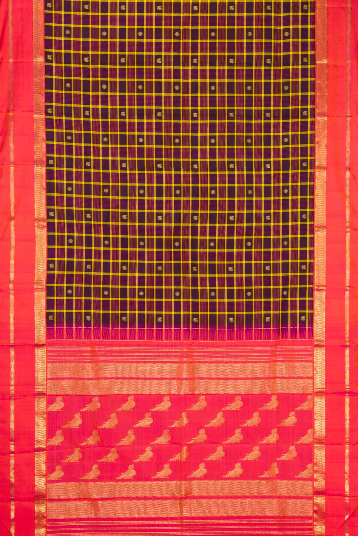 Flat view of Pure Silk Pure Zari Burgundy Dual Tone Kanjivaram Saree with Checked design on the body and Zari Border. 
