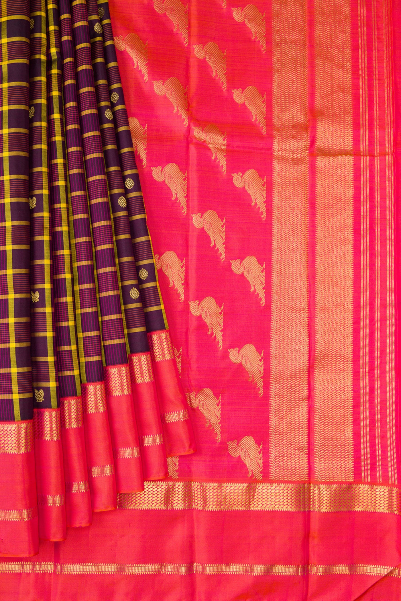 Pleats and pallu of Pure Silk Pure Zari Burgundy Dual Tone Kanjivaram Saree with Checked design on the body and Zari Border. 