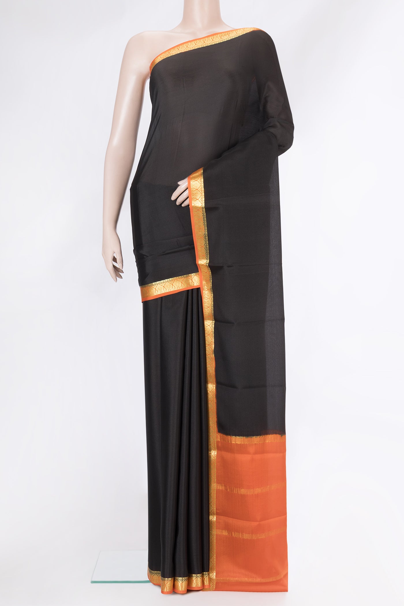 Black Dual Tone Mysore Silk Saree with Plain Body and Zari Border.  displayed on a mannequin