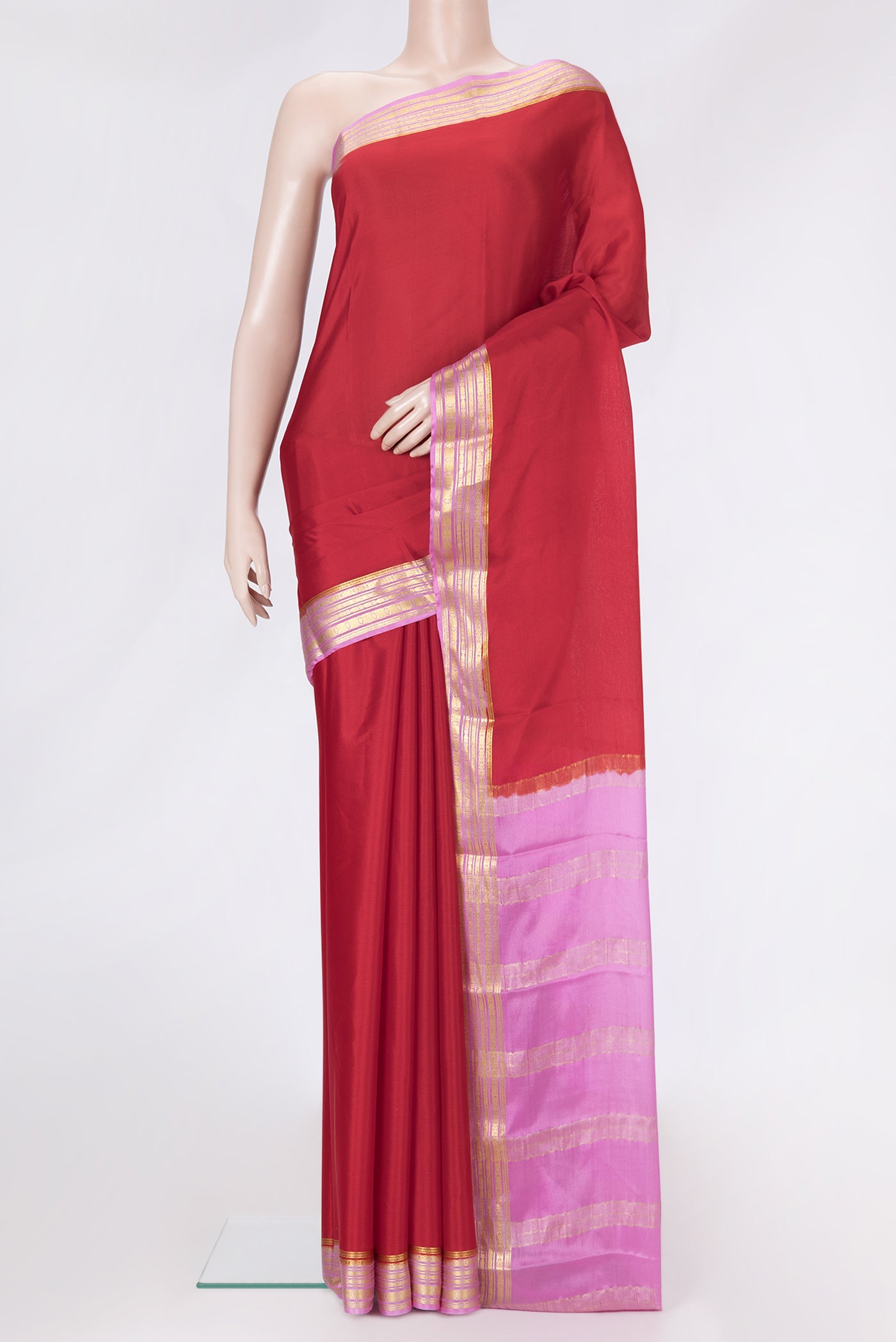 Red Dual Tone Mysore Silk Saree with Plain Body and Zari Border.  displayed on a mannequin