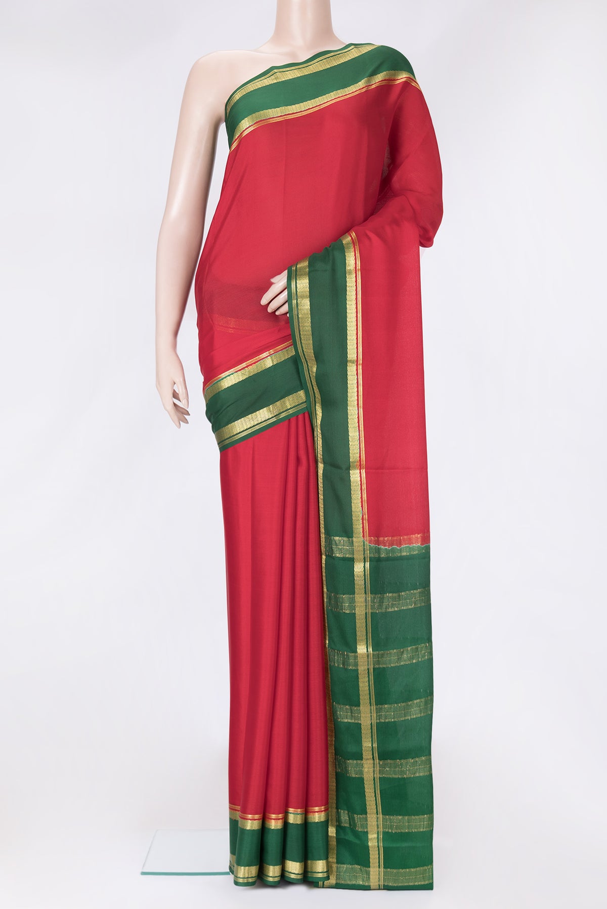 Red Dual Tone Mysore Crepe Saree with Plain Body and Zari Border.  displayed on a mannequin
