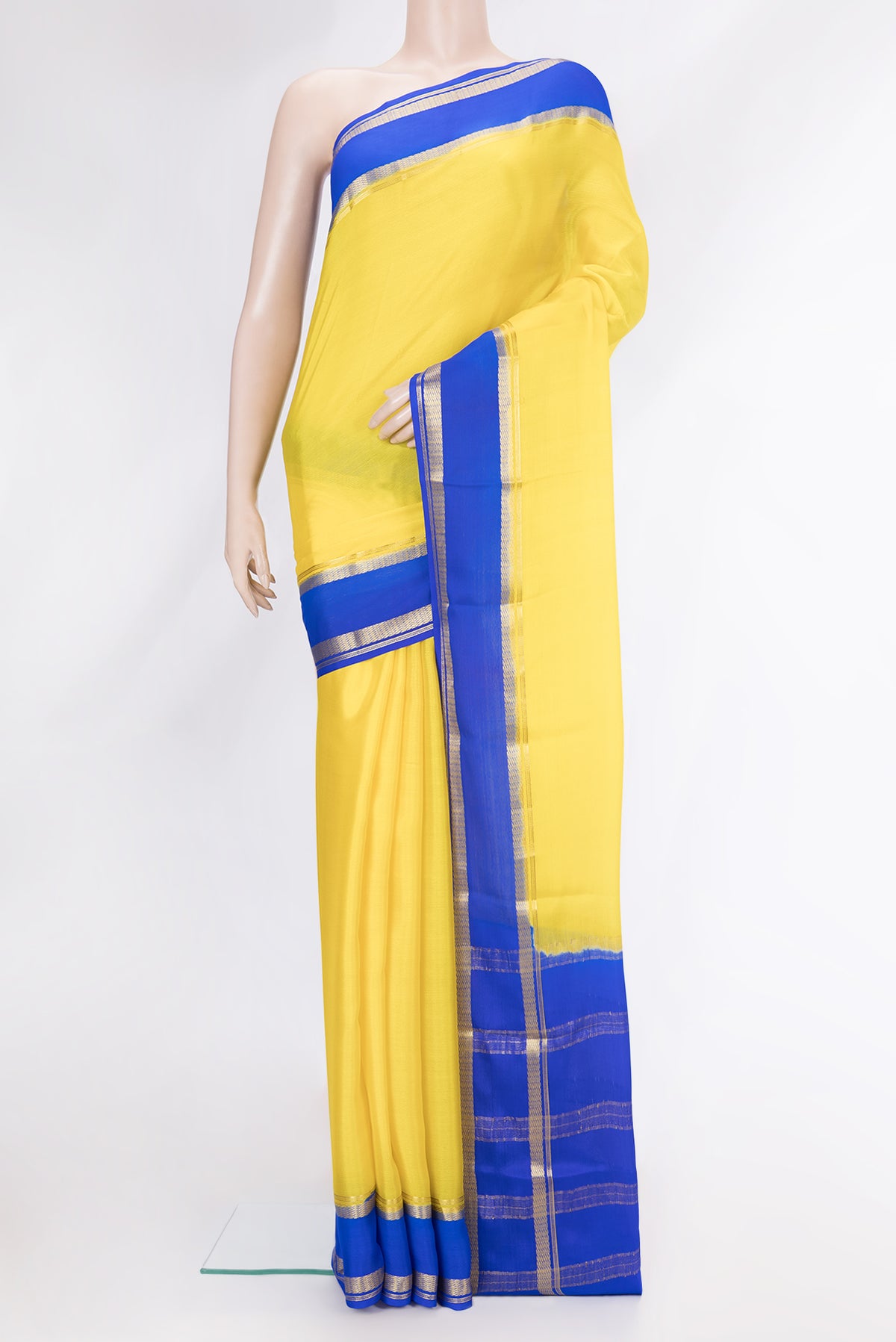 Yellow Dual Tone Mysore Crepe Saree with Plain Body and Zari Border.  displayed on a mannequin