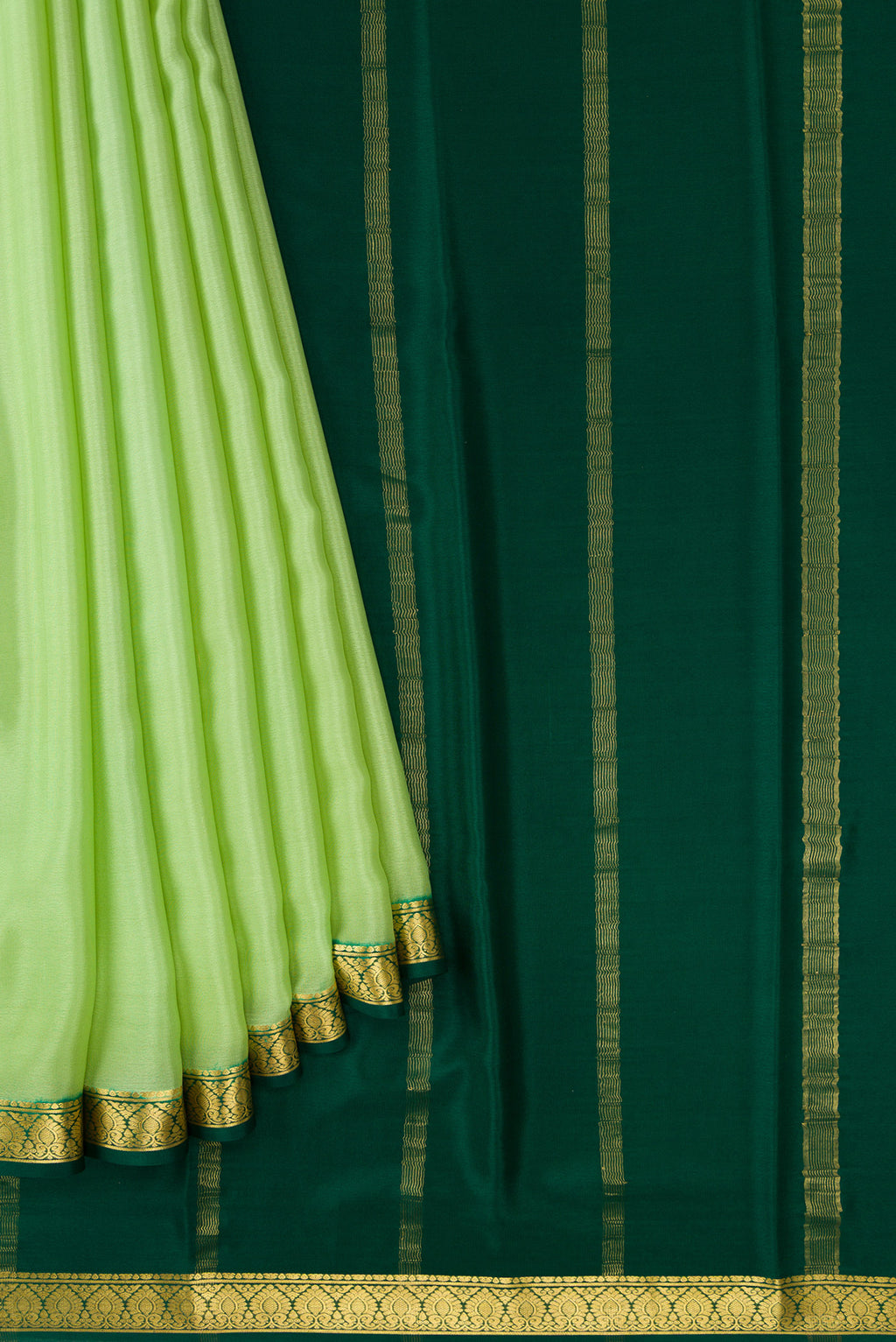 Pleats and pallu of Pista Green Dual Tone Mysore Crepe Saree with Plain Body and Zari Border. 