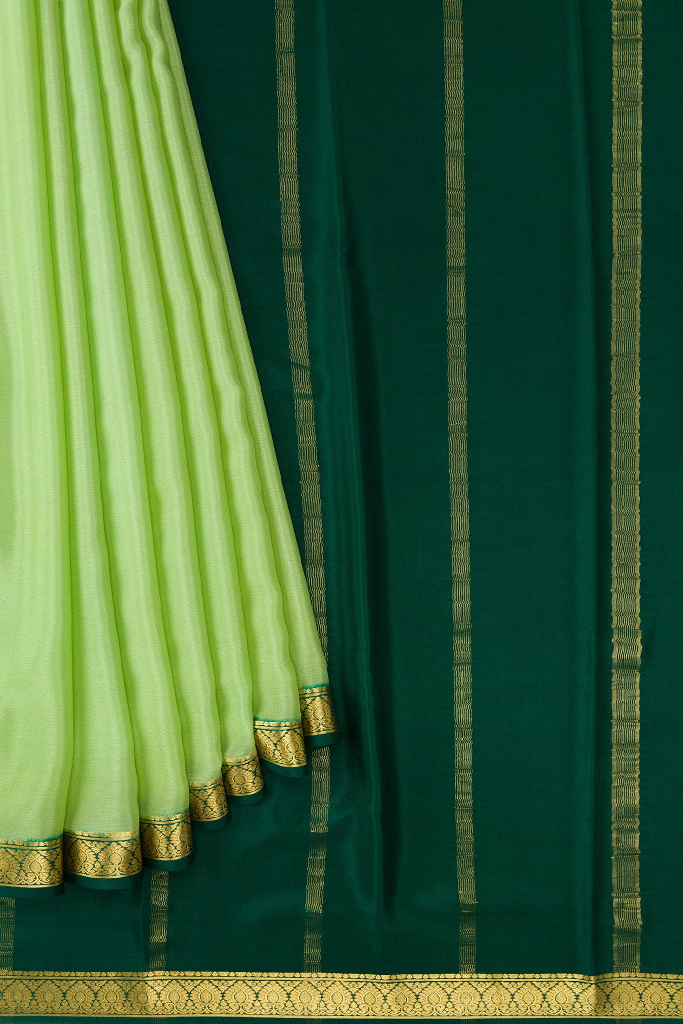 Pleats and pallu of Pista Green Dual Tone Mysore Crepe Saree with Plain Body and Zari Border. 