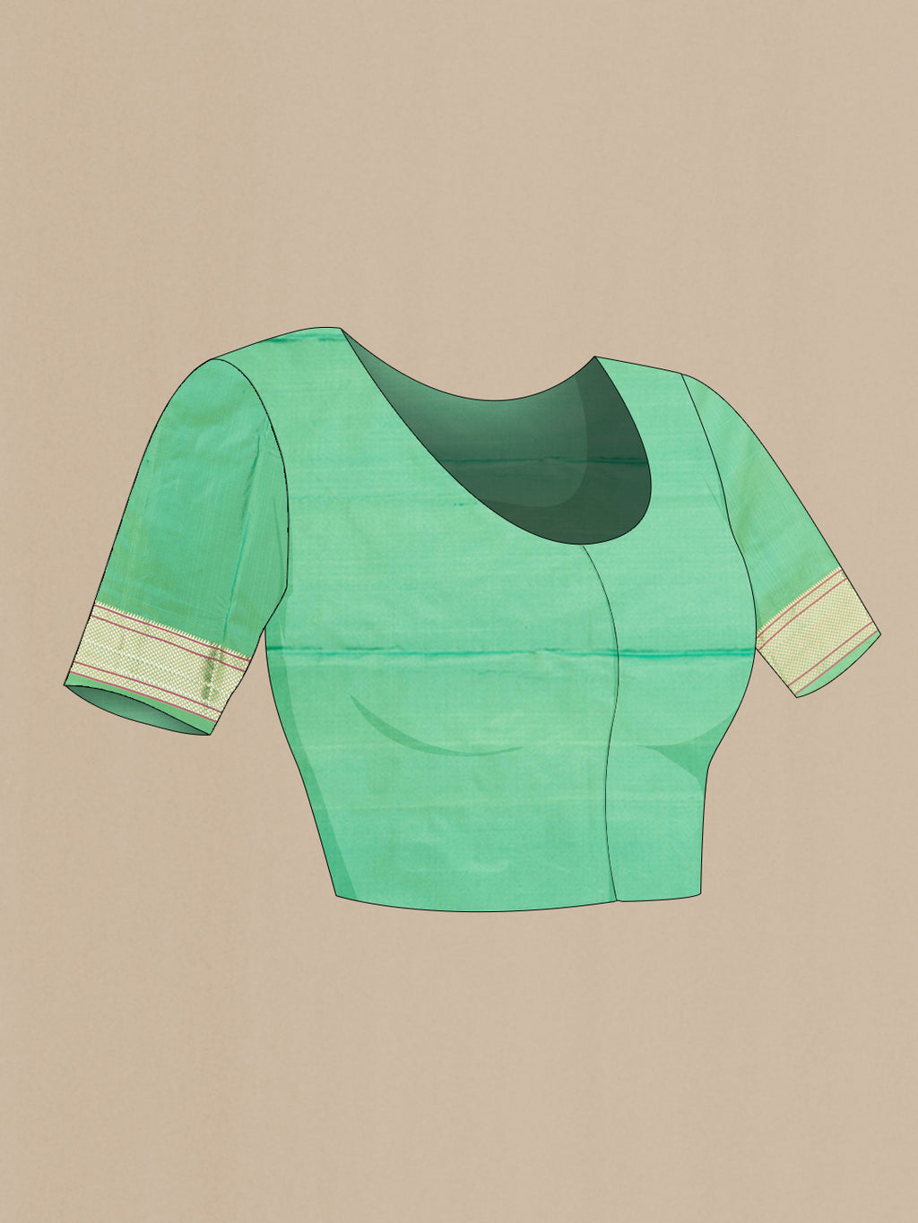 Close up image of the blouse of Green Blended Paithani Silk Saree with Zari Butta on the body and Zari Border. 