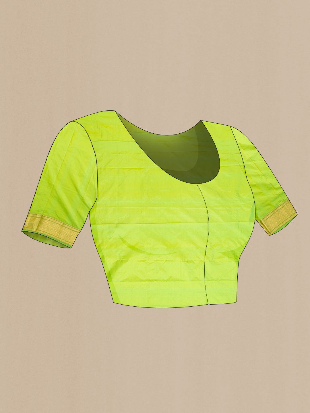 Close up image of the blouse of Parrot Green Dual Tone Paithani Silk Saree with Zari Butta on the body and Zari Border. 