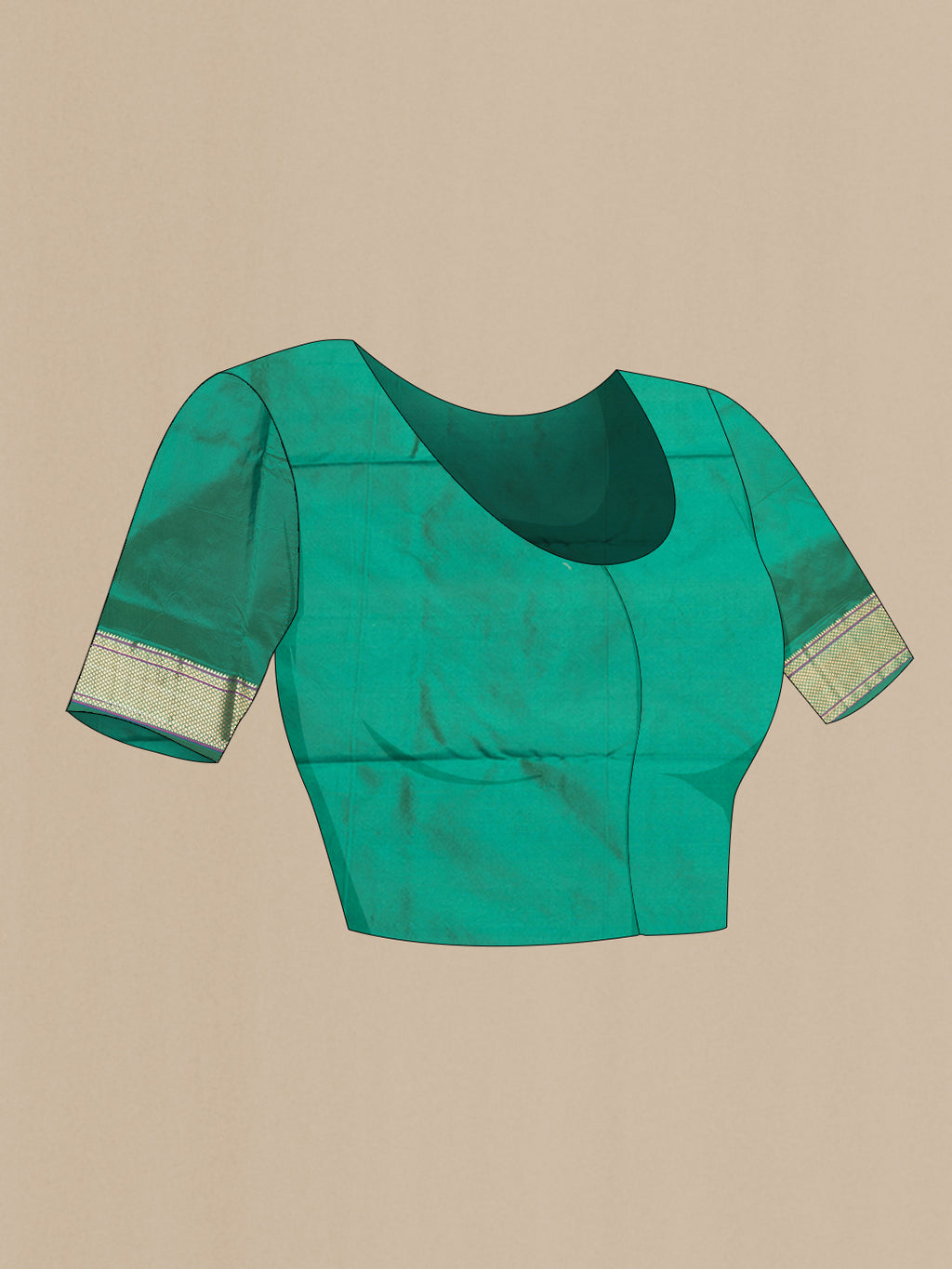 Close up image of the blouse of Green Blended Paithani Silk Saree with Zari Butta on the body and Zari Border. 