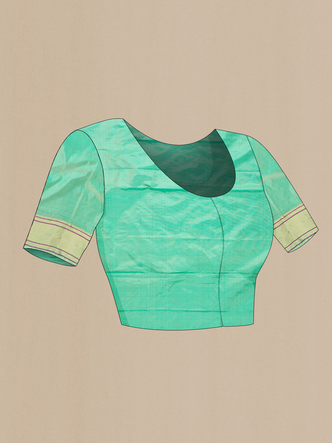 Close up image of the blouse of Sea Green Blended Bangalore Silk Saree with Zari Butta on the body and Zari Border