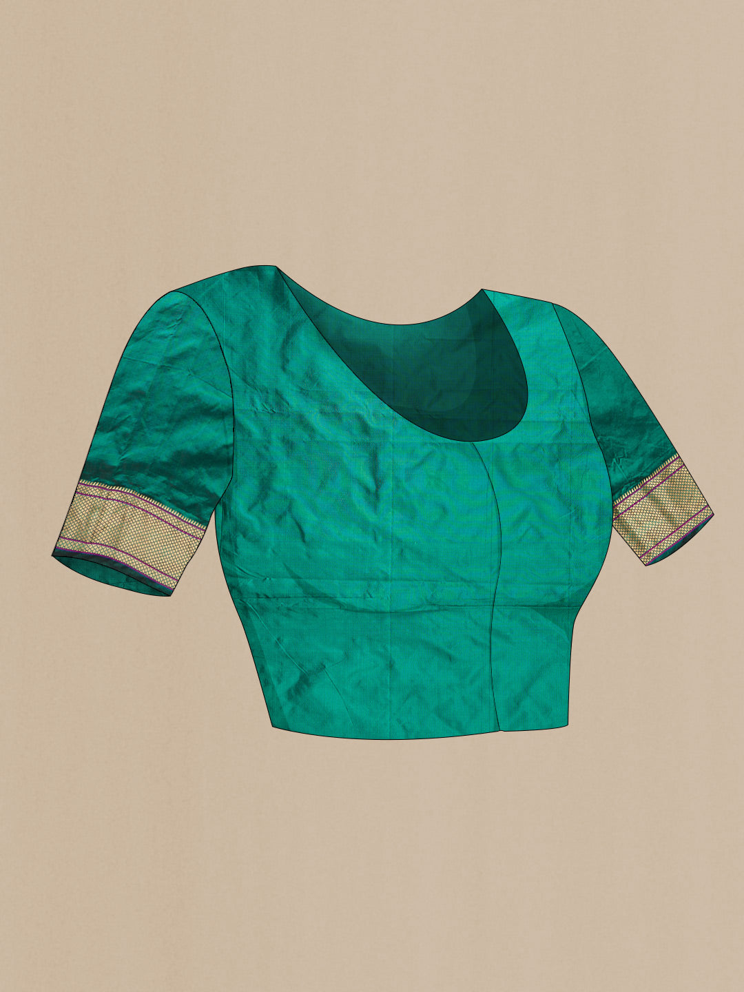 Close up image of the blouse of Teal Blended Bangalore Silk Saree with Zari Butta on the body and Zari Border