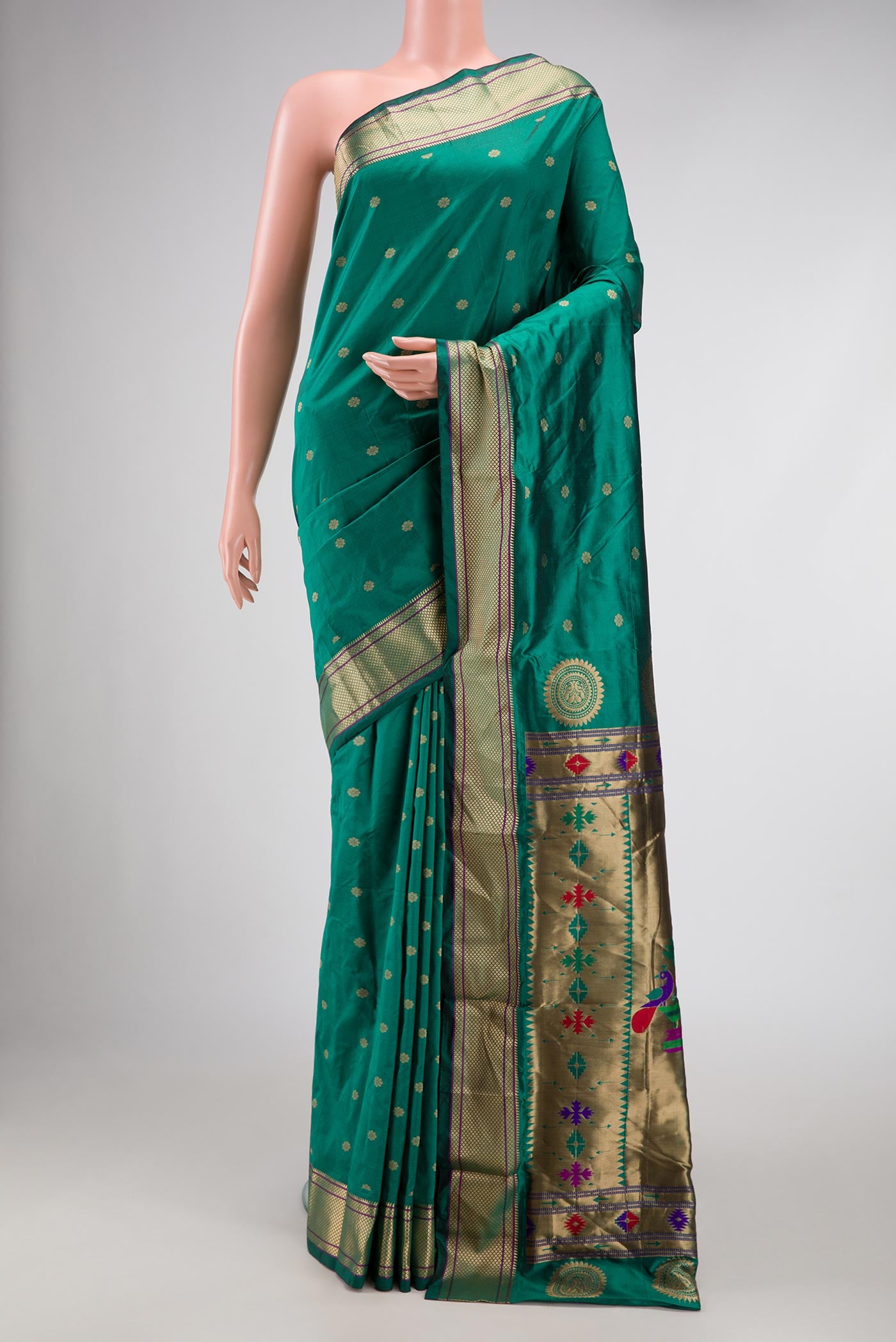 Teal Blended Bangalore Silk Saree with Zari Butta on the body and Zari Border displayed on a mannequin