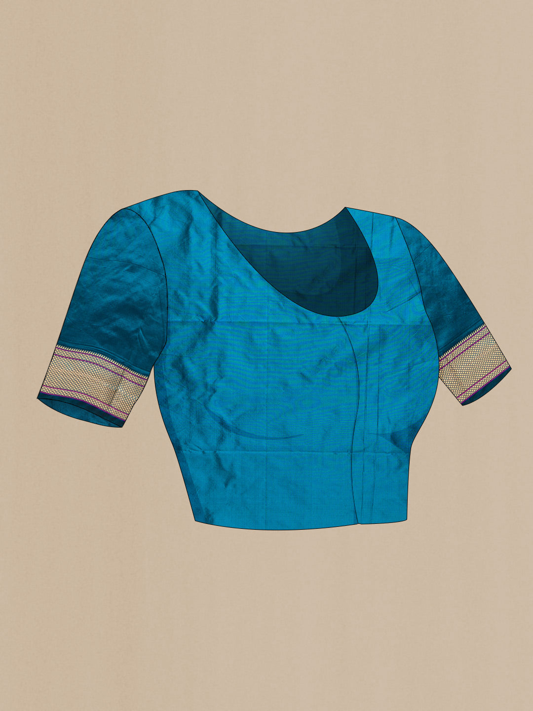 Close up image of the blouse of Blue Blended Bangalore Silk Saree with Zari Butta on the body and Zari Border