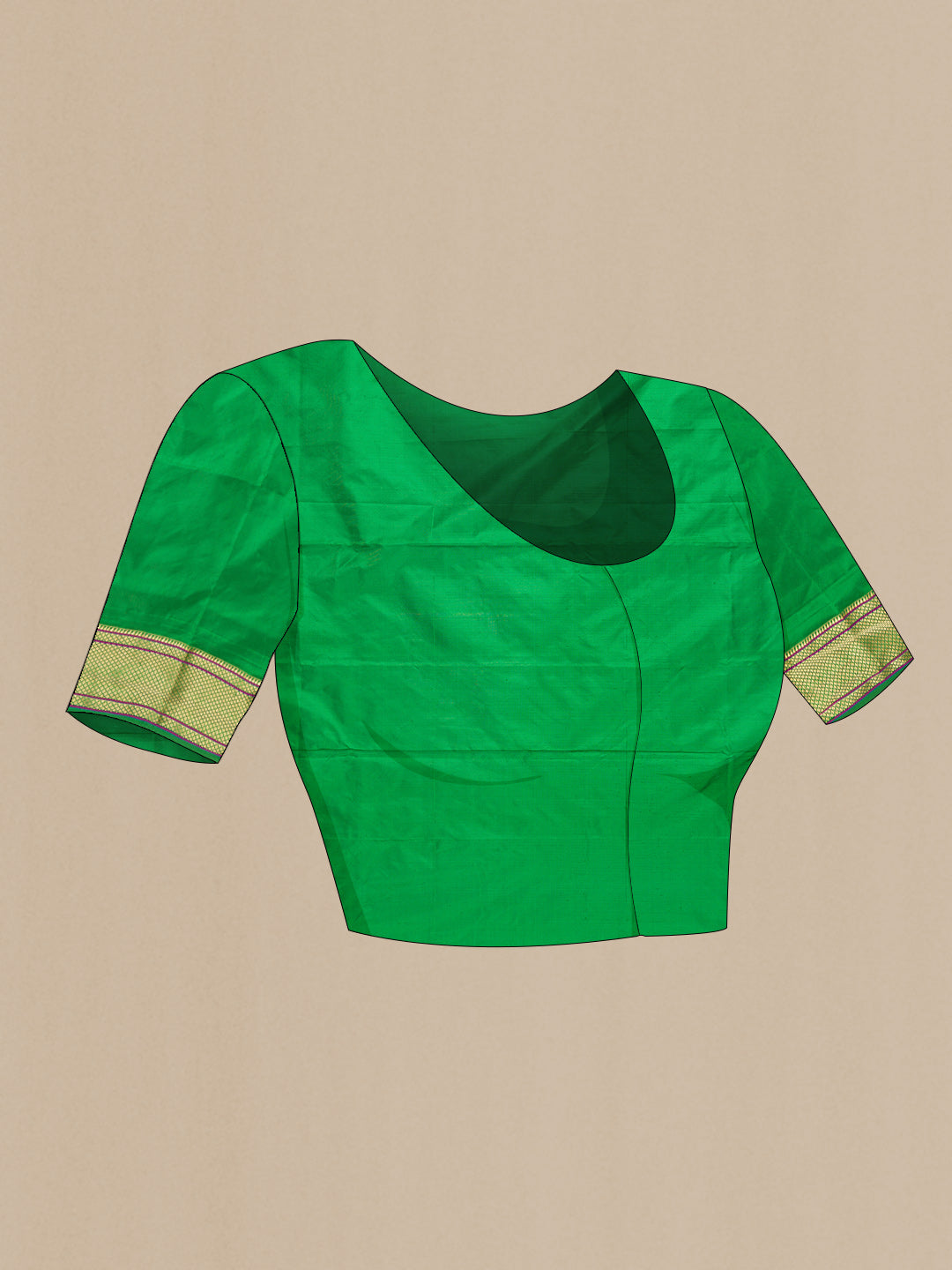 Close up image of the blouse of Green Dual Tone Blended Bangalore Silk Saree with Zari Butta on the body and Zari Border