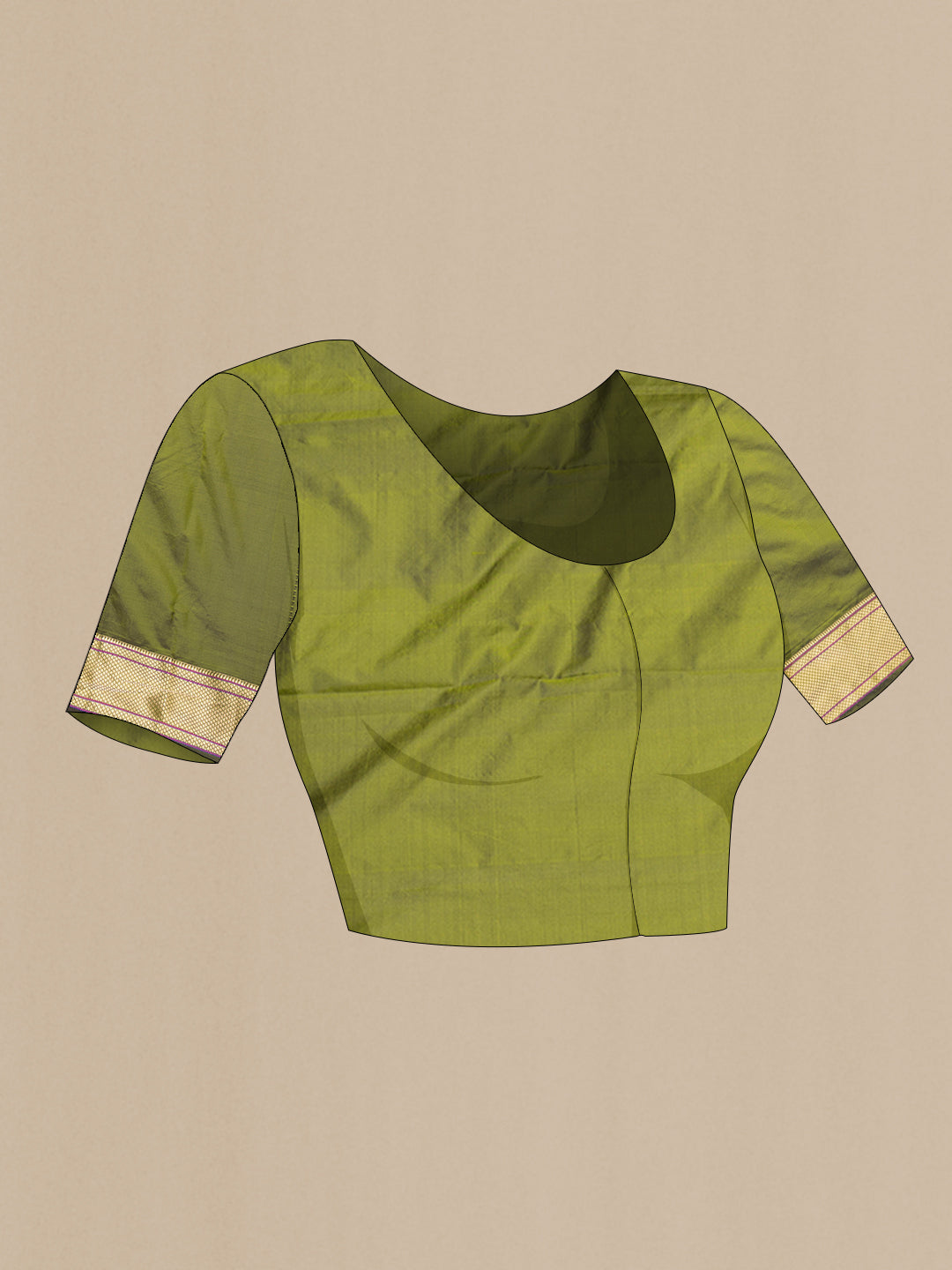 Close up image of the blouse of Mehandi Green Blended Paithani Silk Saree with Zari Butta on the body and Zari Border. 