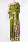 Mehandi Green Blended Paithani Silk Saree with Zari Butta on the body and Zari Border.  displayed on a mannequin