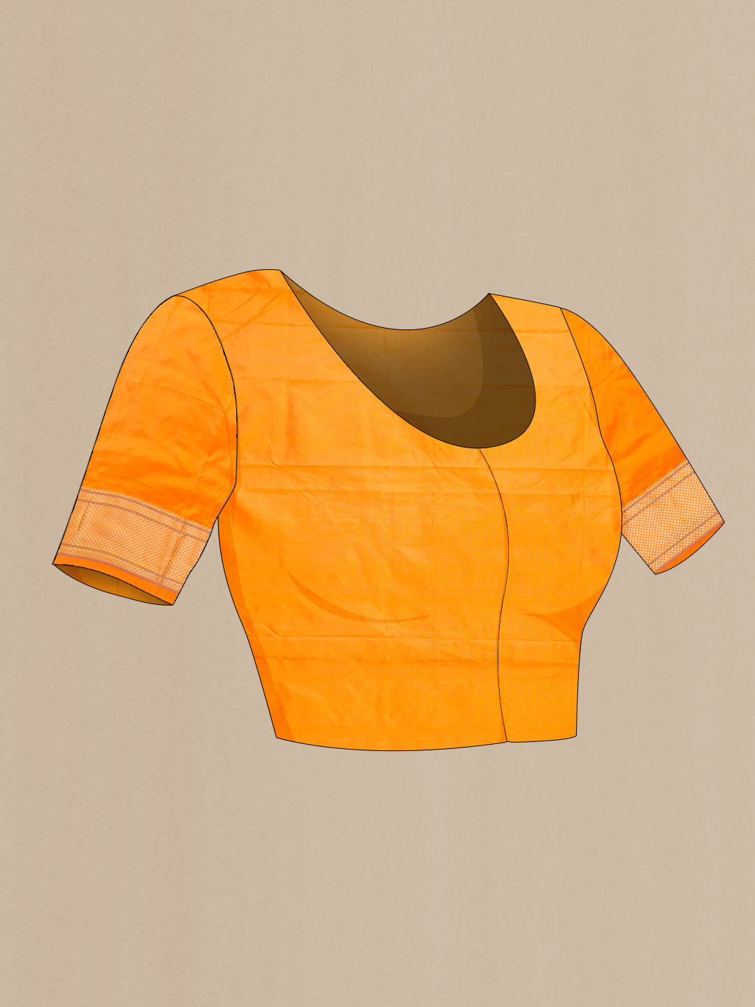 Close up image of the blouse of Yellow Blended Bangalore Silk Saree with Zari Butta on the body and Zari Border