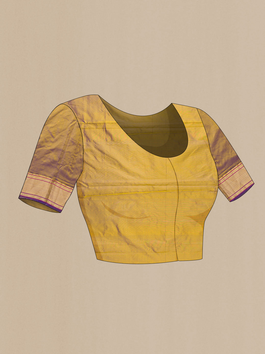 Close up image of the blouse of Green with Purple Color Blended Bangalore Silk Saree with Zari Butta on the body and Zari Border