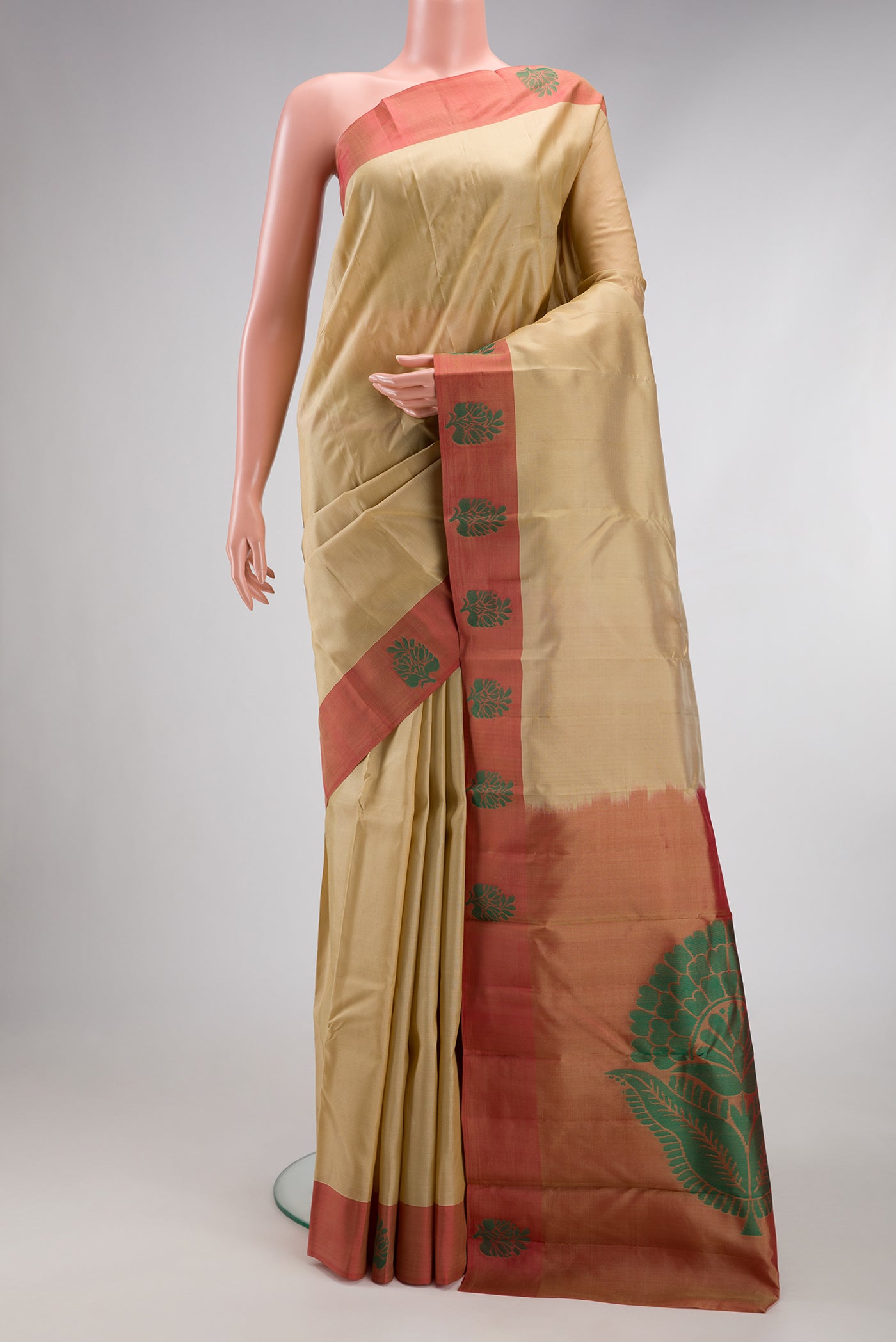 Dark Beige Kanjivaram Silk Saree with Plain Body and Thread Border.  displayed on a mannequin