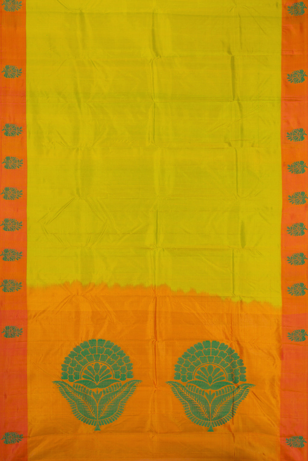 Flat view of Parrot Green Dual Tone Soft Silk Saree with Thread Butta on the body and Fancy Border. 