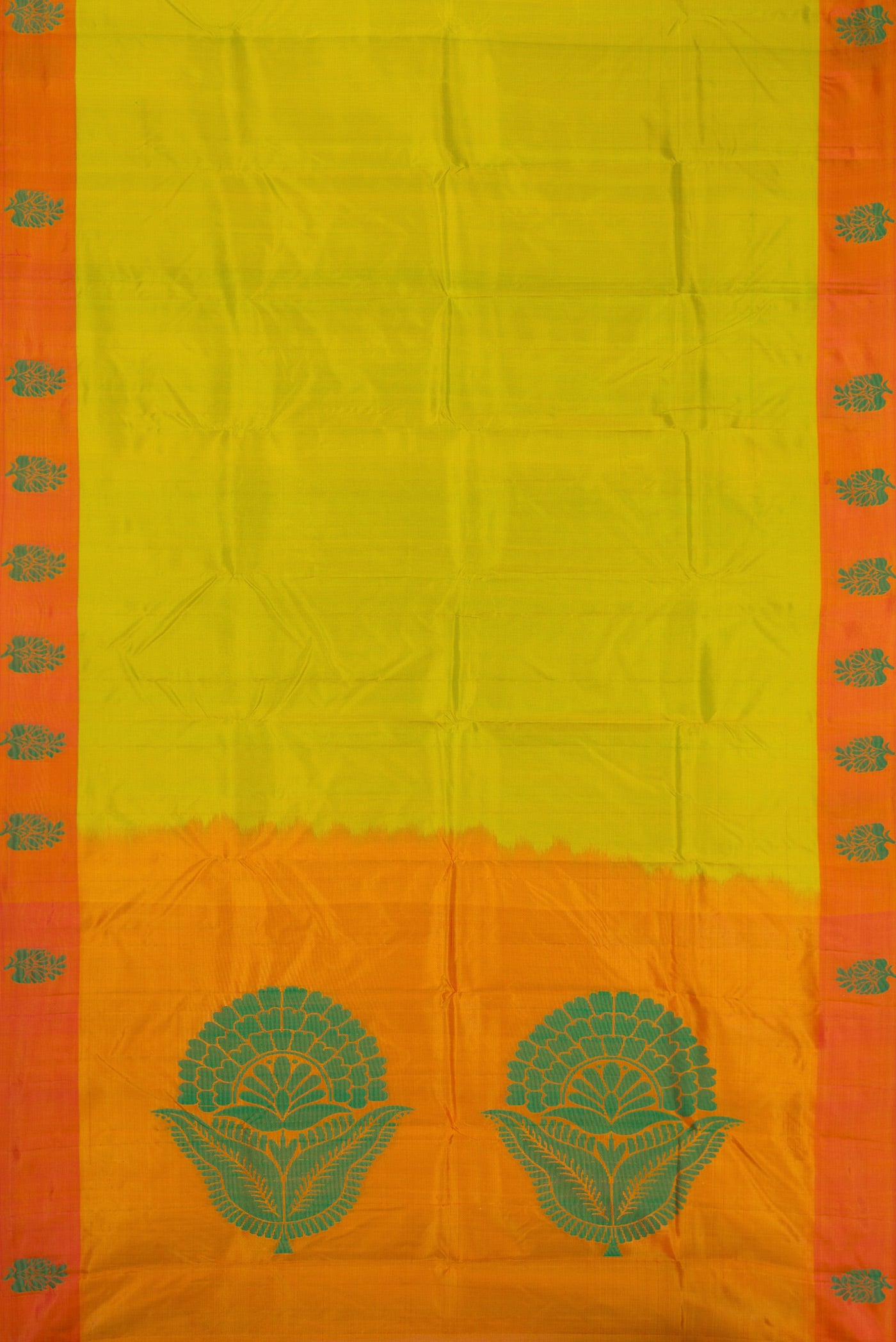 Flat view of Parrot Green Dual Tone Soft Silk Saree with Thread Butta on the body and Fancy Border. 