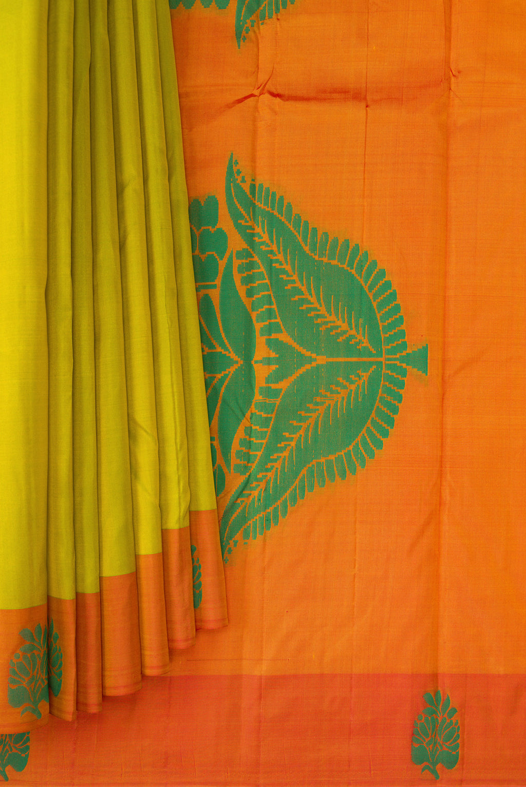 Pleats and pallu of Parrot Green Dual Tone Soft Silk Saree with Thread Butta on the body and Fancy Border. 