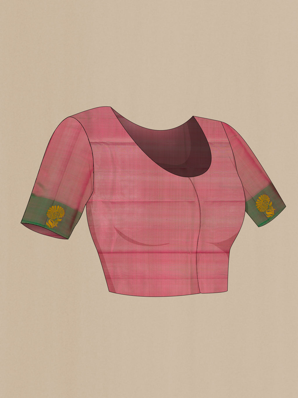 Close up image of the blouse of Pink Soft Silk Saree with Plain Body and Fancy Border. 