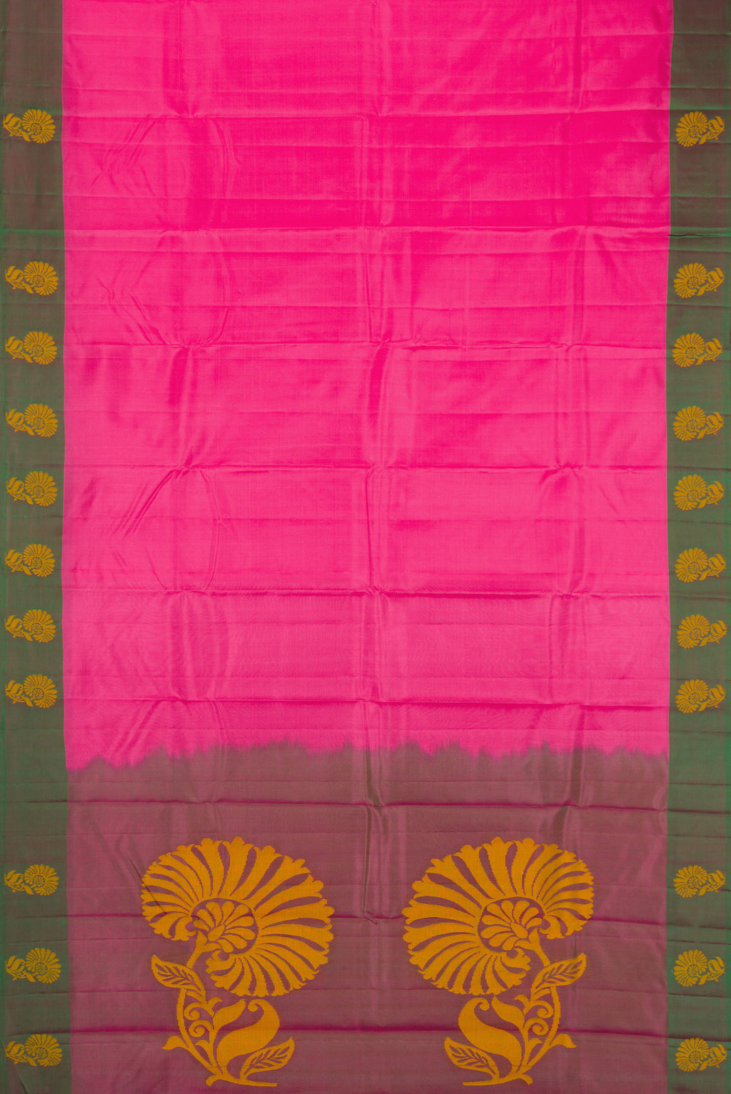 Flat view of Pink Soft Silk Saree with Plain Body and Fancy Border. 