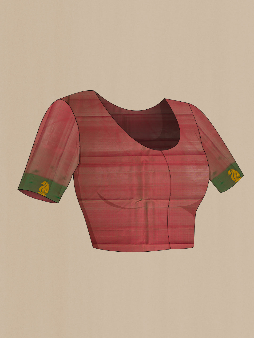 Close up image of the blouse of Maroon Kanjivaram Silk Saree with Plain Body and Thread Border. 