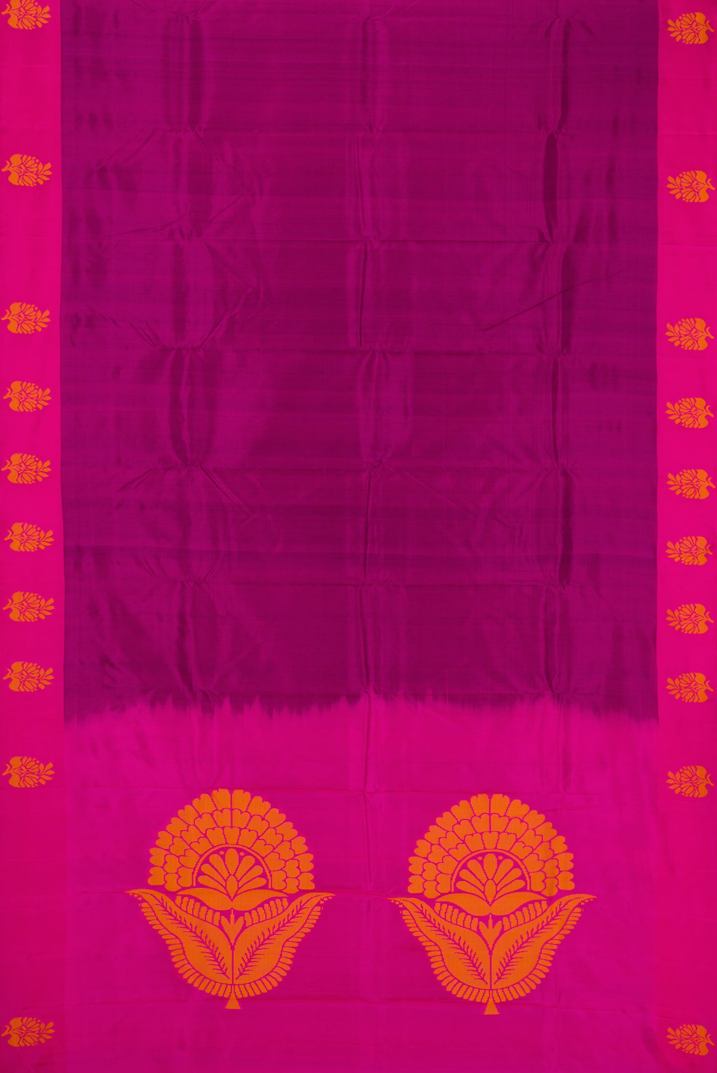 Purple Soft Silk Saree with Plain Body and Fancy Border.  displayed on a mannequin