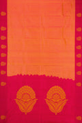 Orange Dual Tone Soft Silk Saree with Plain Body and Fancy Border.  displayed on a mannequin