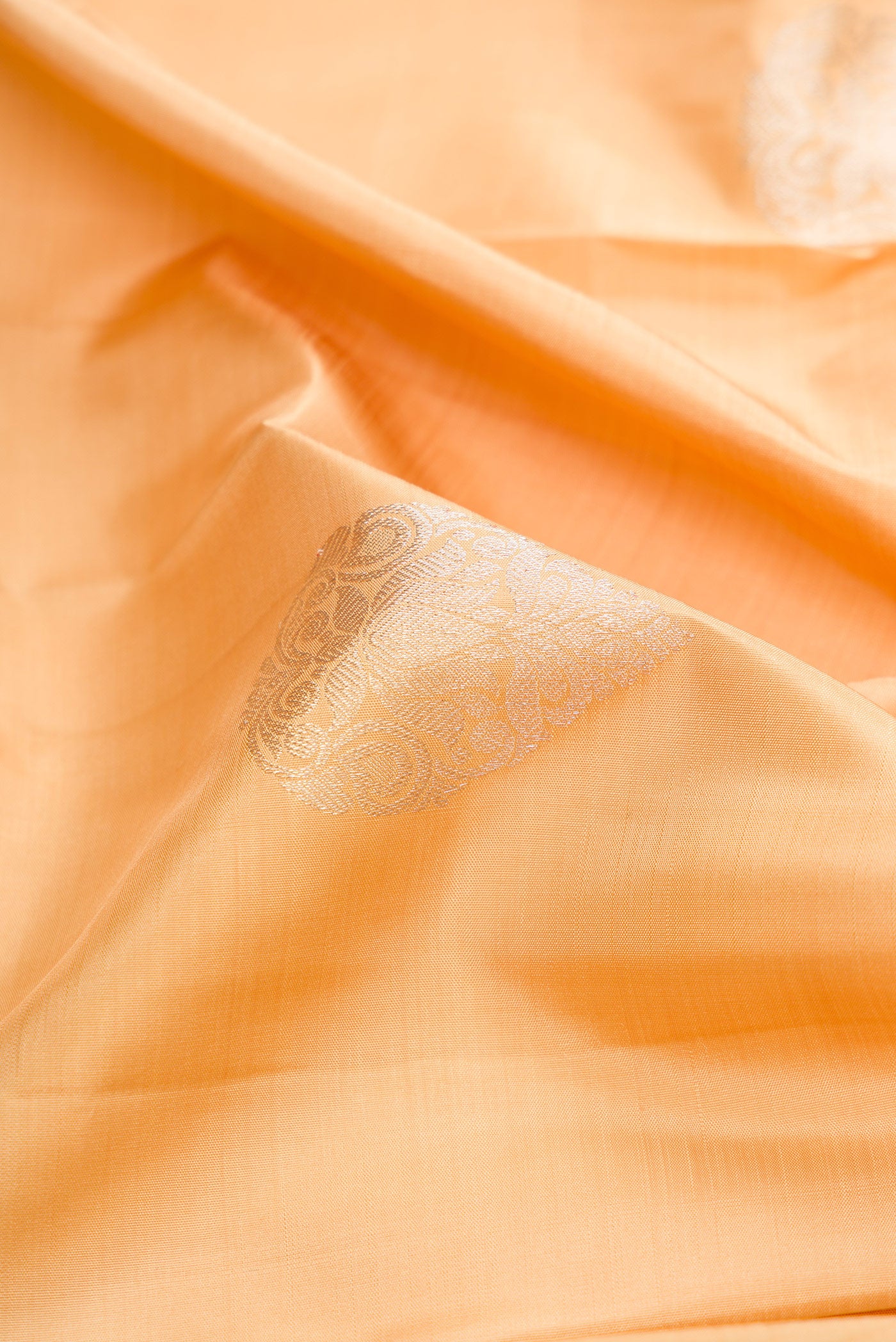 Close up of Sandal Dual Tone Kanjivaram Silk Saree with Zari Butta on the body and Zari Border.  displaying folds