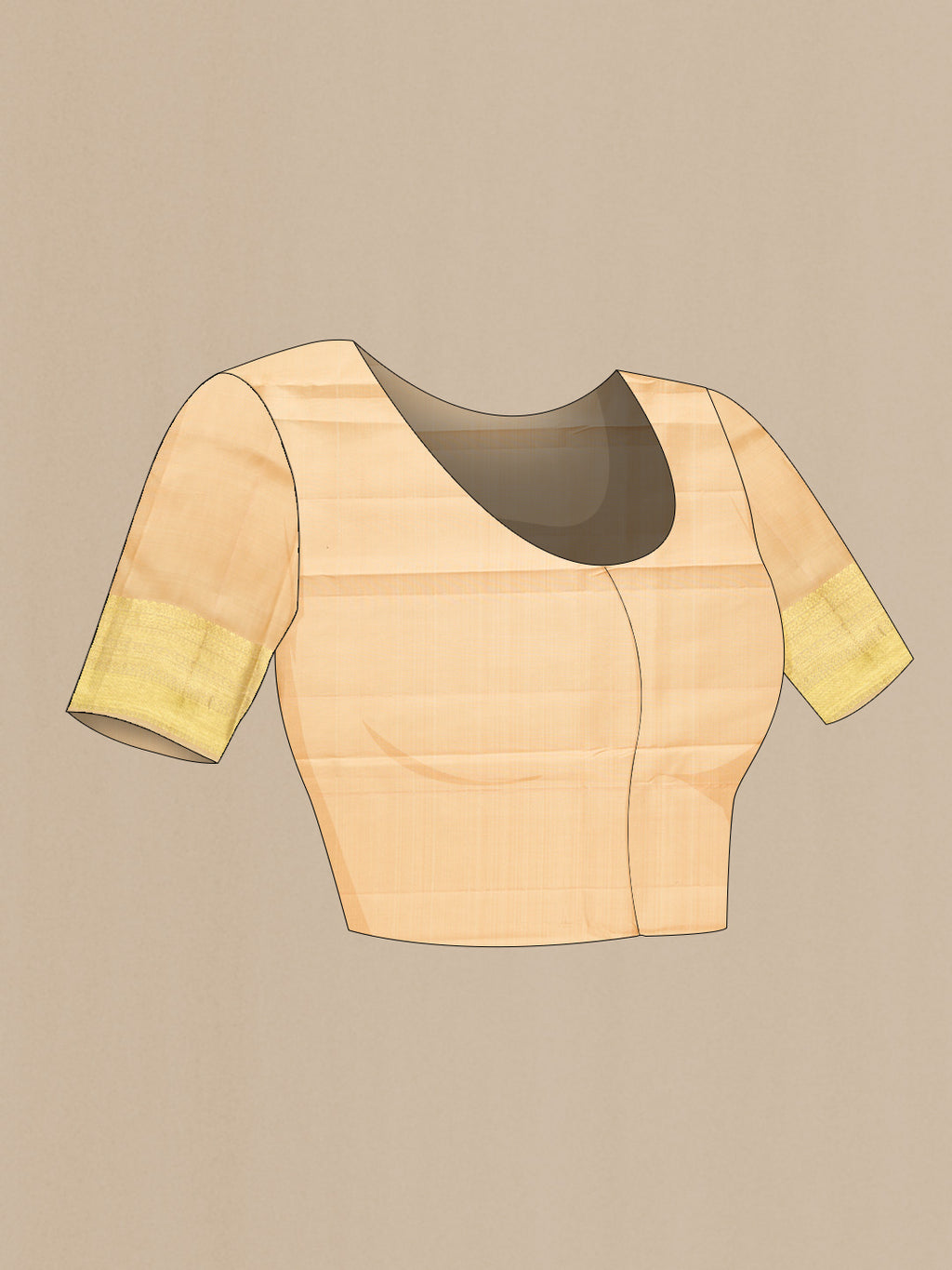 Close up image of the blouse of Beige Dual Tone Kanjivaram Silk Saree with Zari Butta on the body and Zari Border. 