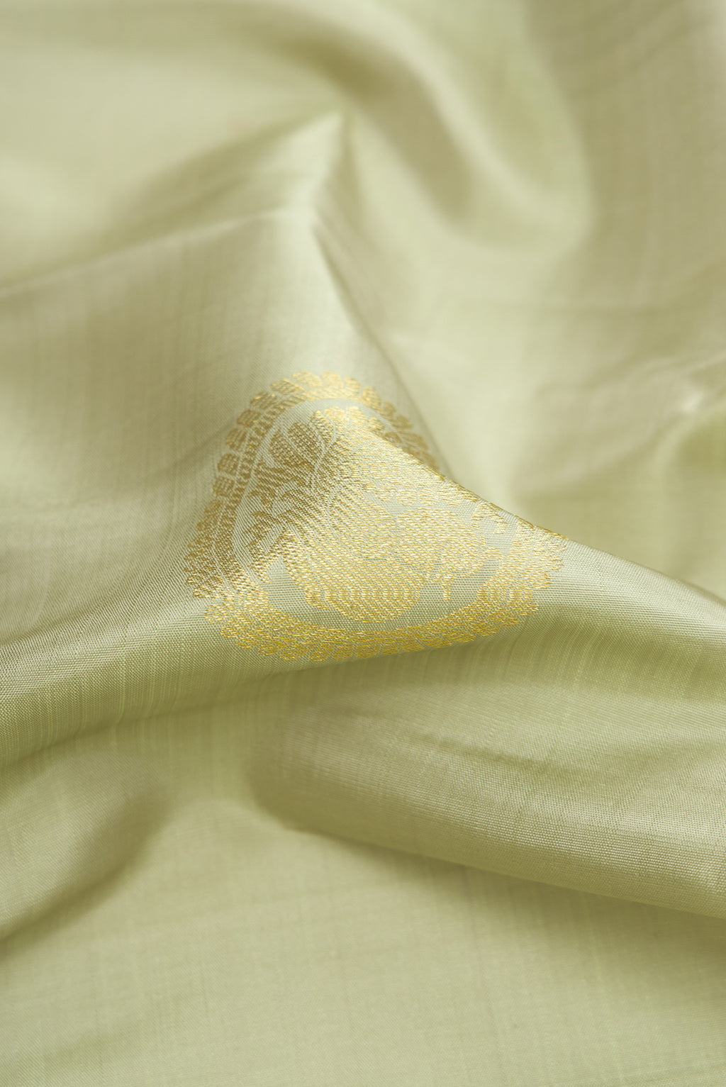 Close up of Pista Green Dual Tone Kanjivaram Silk Saree with Zari Butta on the body and Zari Border.  displaying folds
