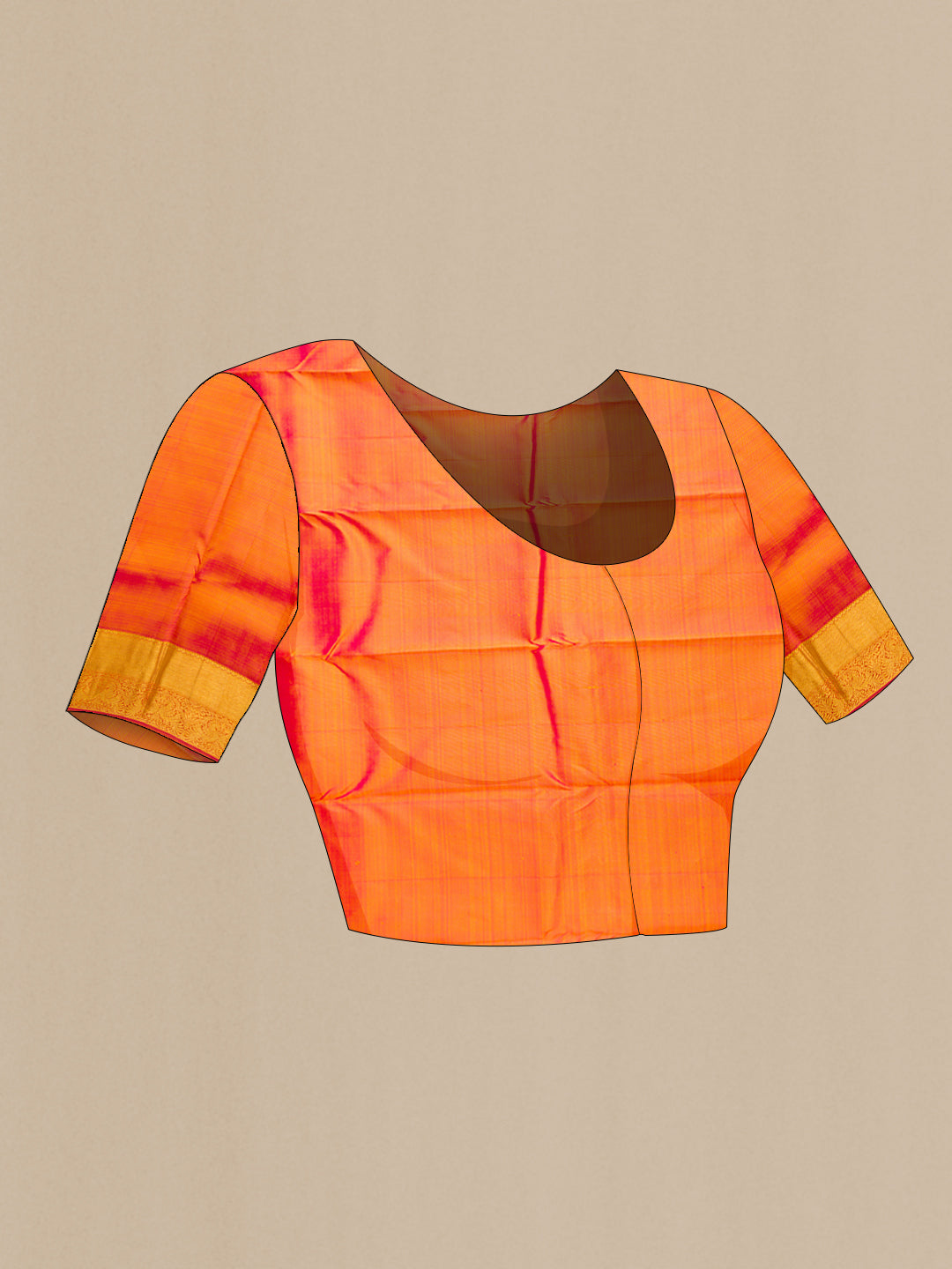 Close up image of the blouse of Sandal Dual Tone Kanjivaram Silk Saree with Zari Butta on the body and Zari Border. 