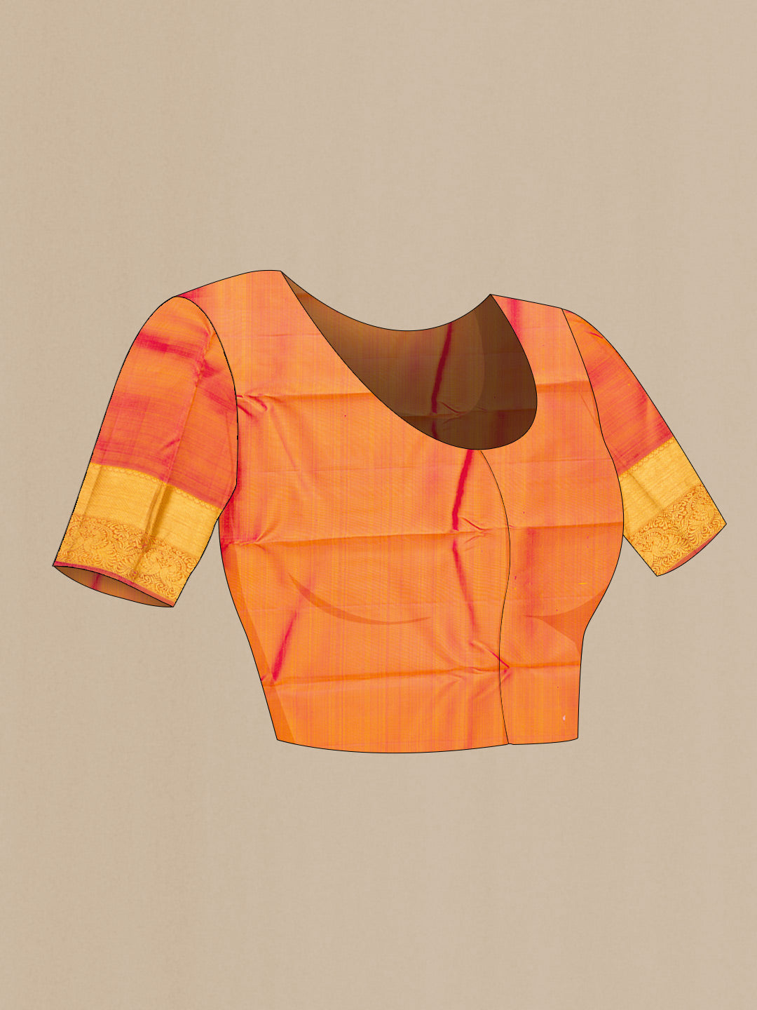 Close up image of the blouse of Sandal Dual Tone Kanjivaram Silk Saree with Zari Butta on the body and Zari Border. 